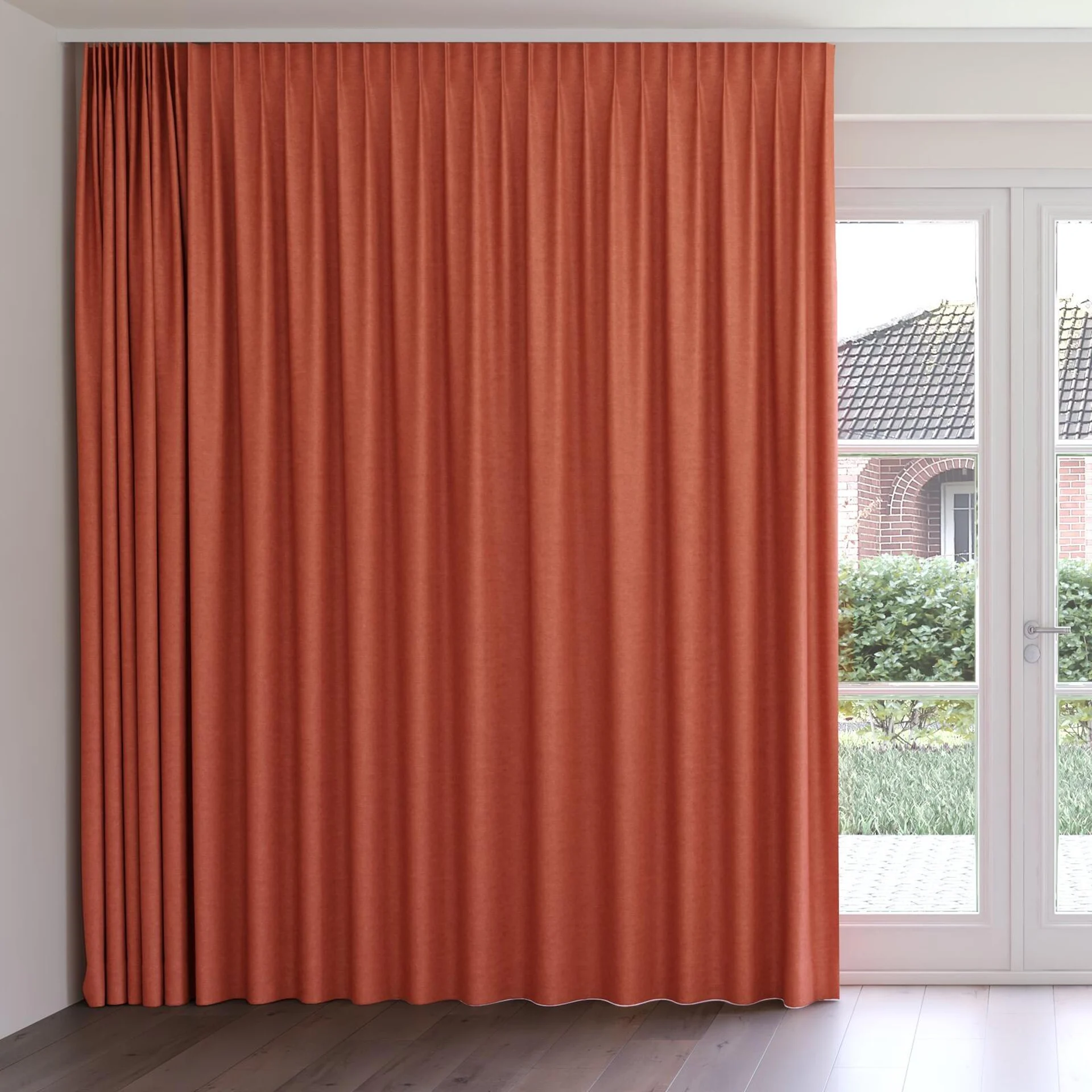 Front view of Colourwash Cinnamon, on curtain rail