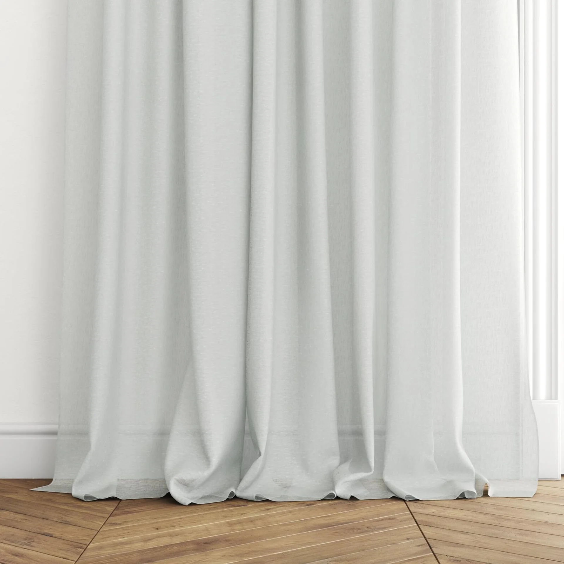 Bottom view of Laconia Air Duckegg, puddled with pinch pleat, on curtain rod
