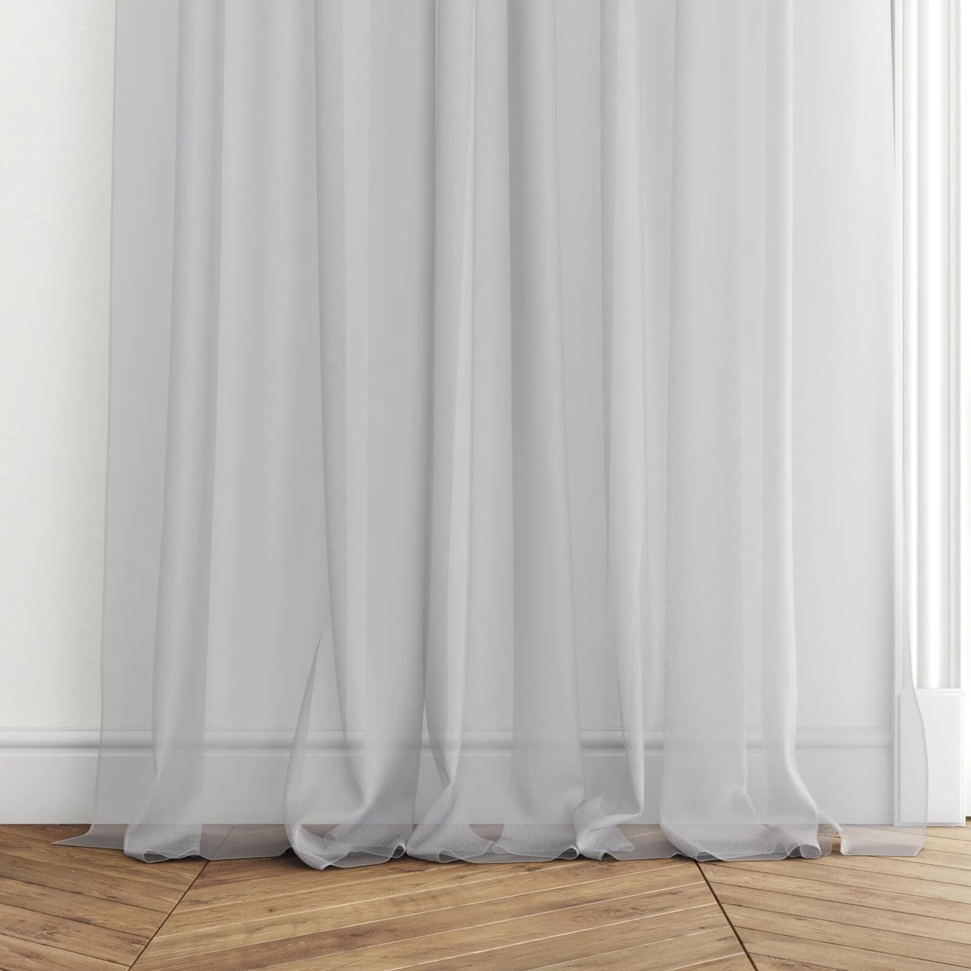 Bottom view of Xo Dove, puddled with pinch pleat, on curtain rod