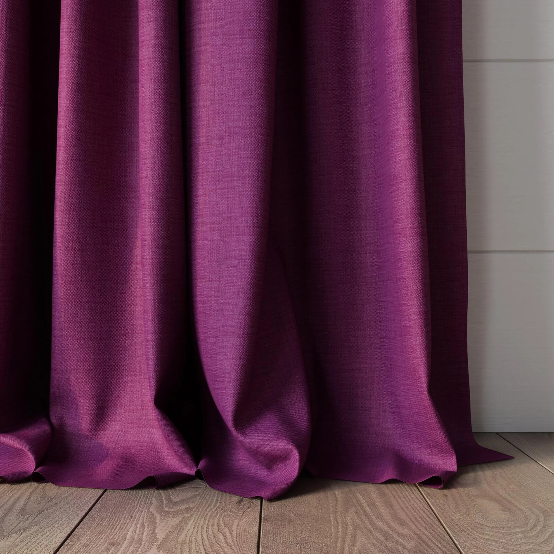 Bottom view of Loci Dim Out Fuchsia, puddled, on curtain rod