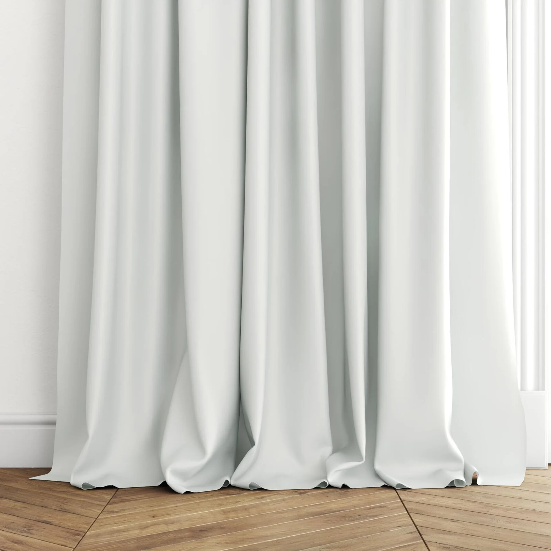 Bottom view of Optima Stone, puddled with pinch pleat, on curtain rod