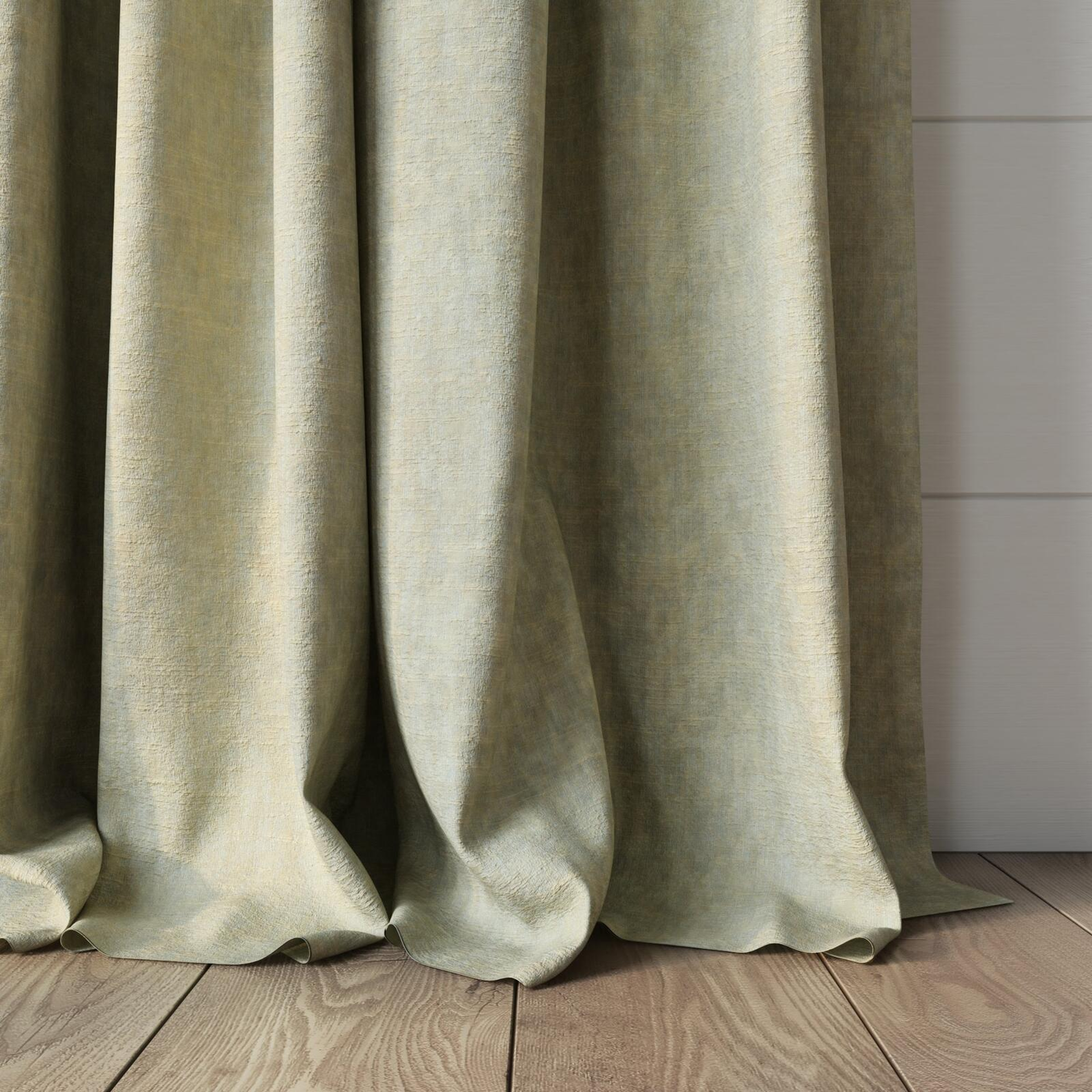 Bottom view of Renaissance Sand, puddled, on curtain rod