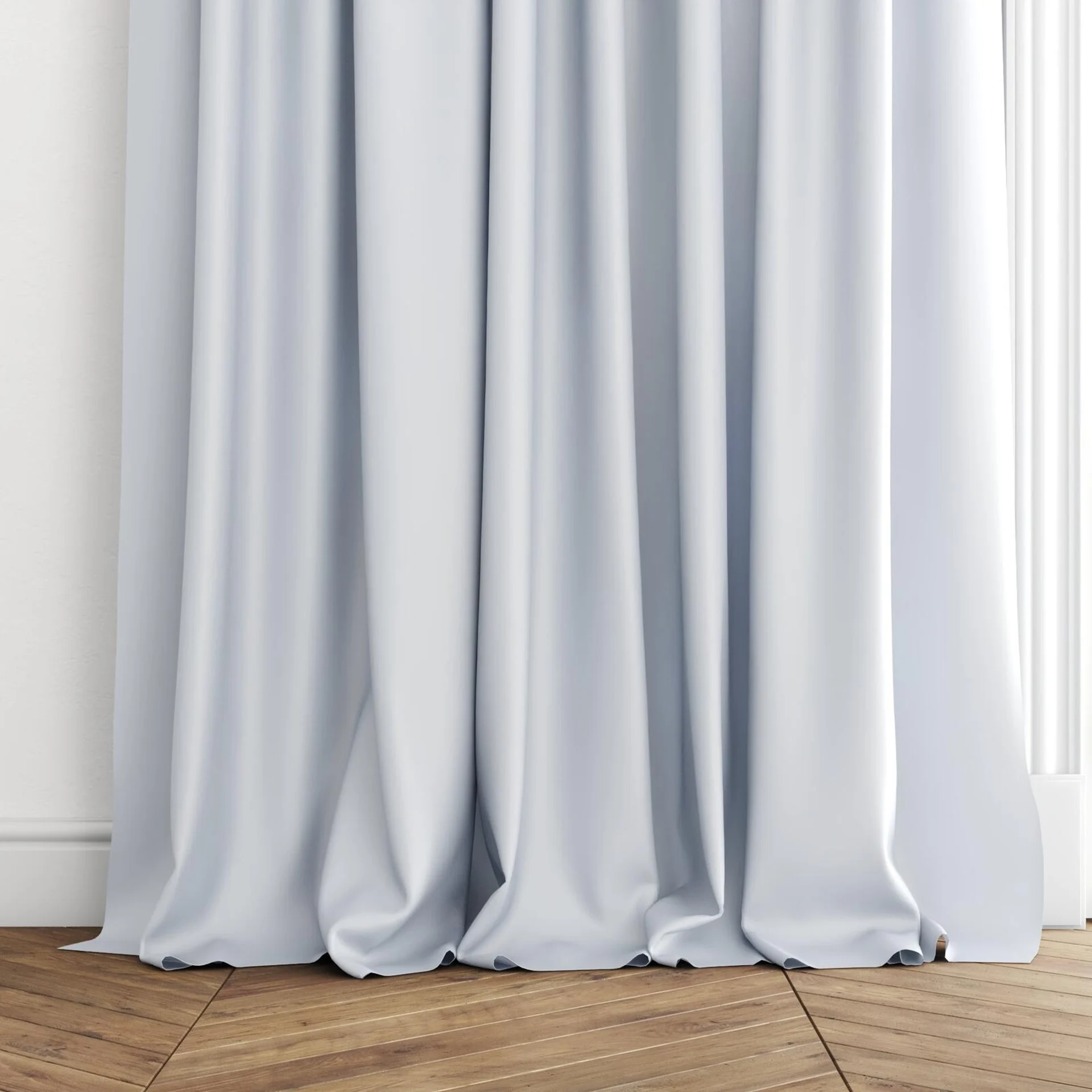 Bottom view of Optima Rain, puddled with pinch pleat, on curtain rod
