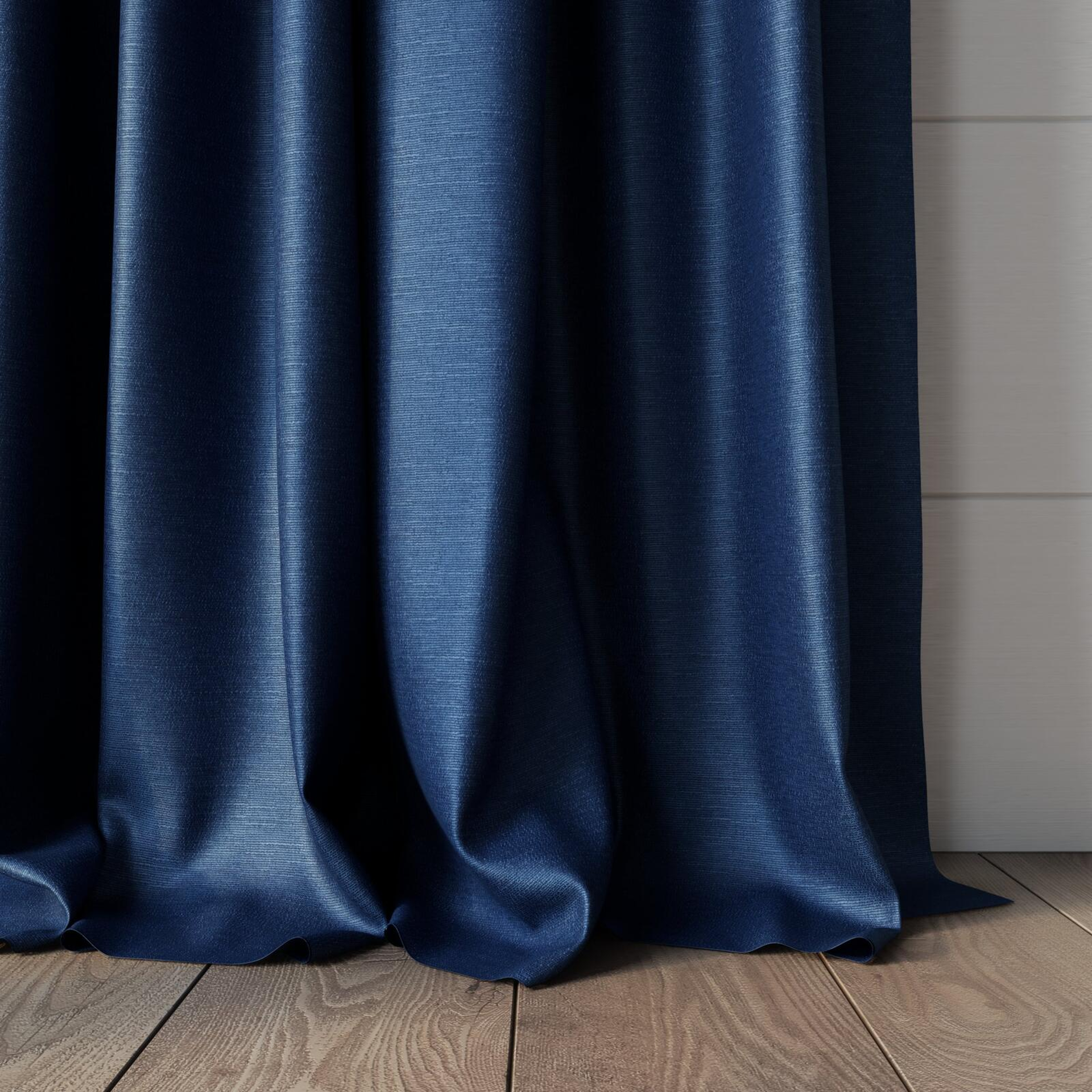 Bottom view of Provence Indigo, puddled, on curtain rod