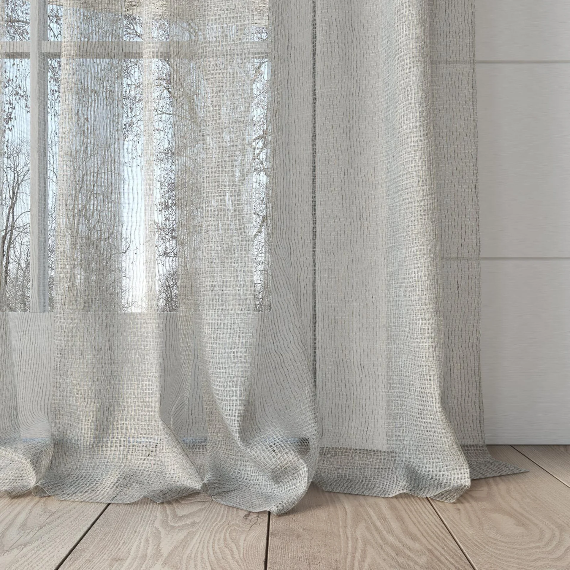 Bottom view of Kensho Linen, puddled, on curtain rod