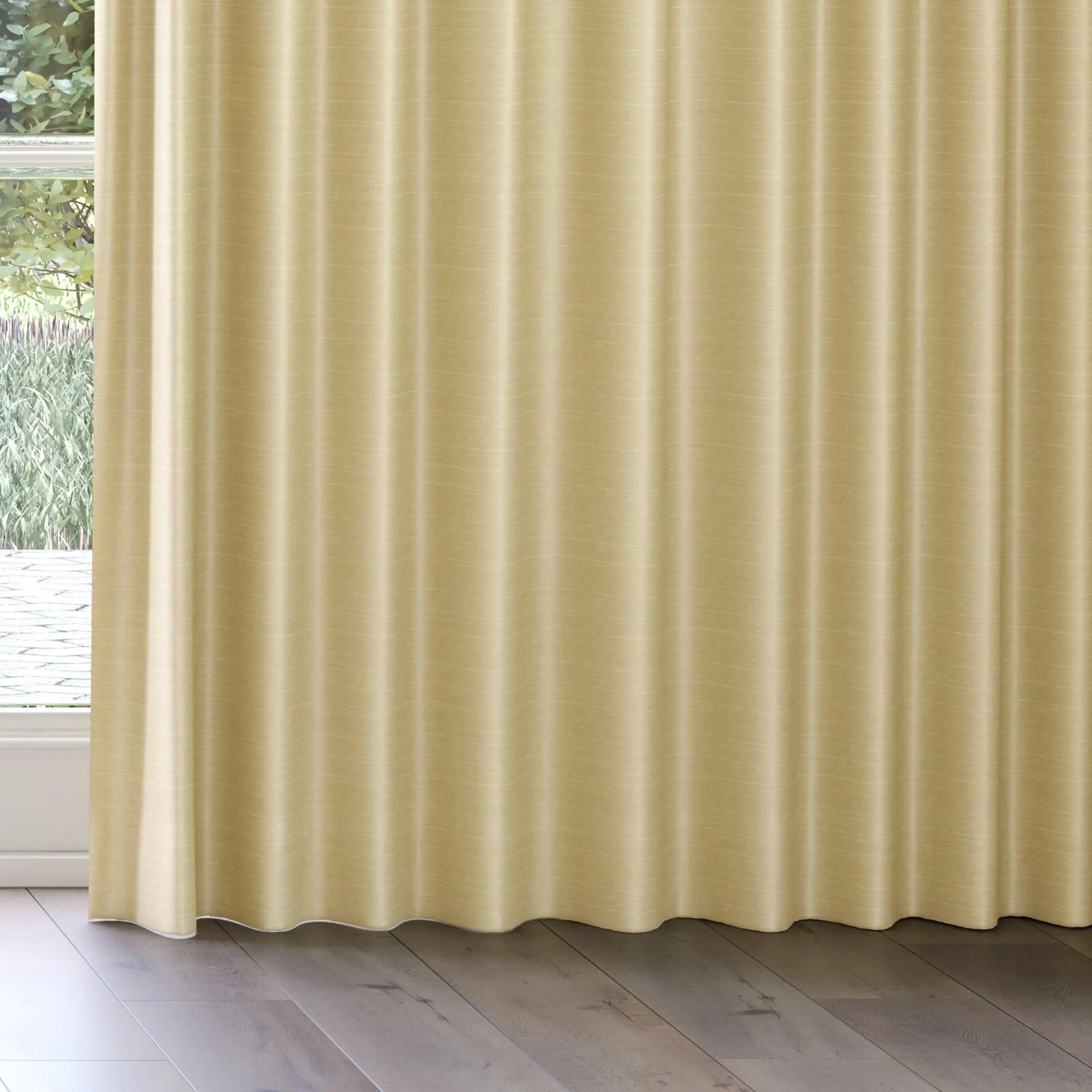 Bottom view of Silky Raffia, on curtain rail
