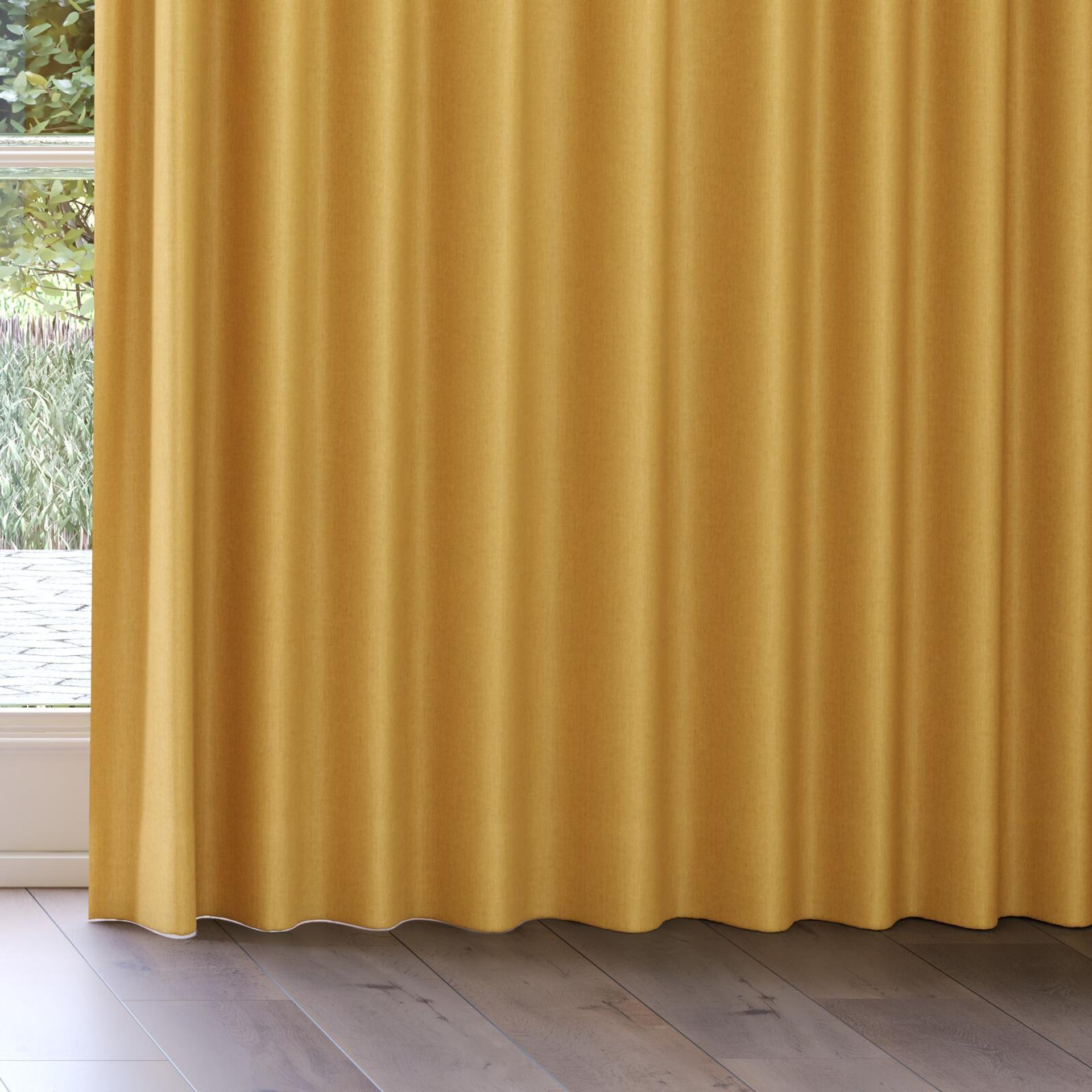 Bottom view of Cushy Honey, on curtain rail