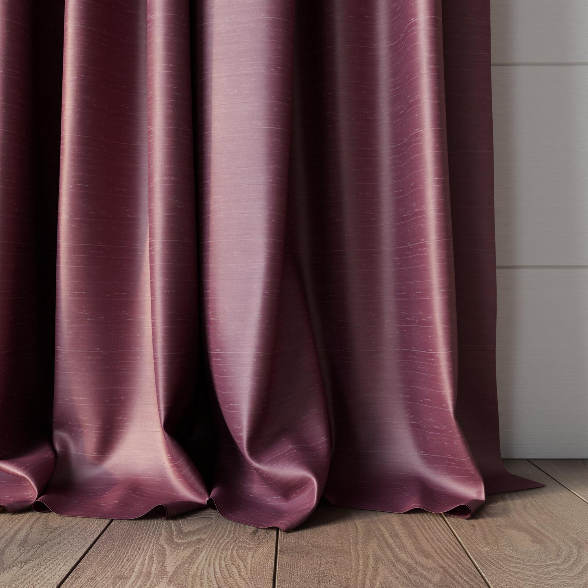 Bottom view of Silky Tulip, puddled, on curtain rod