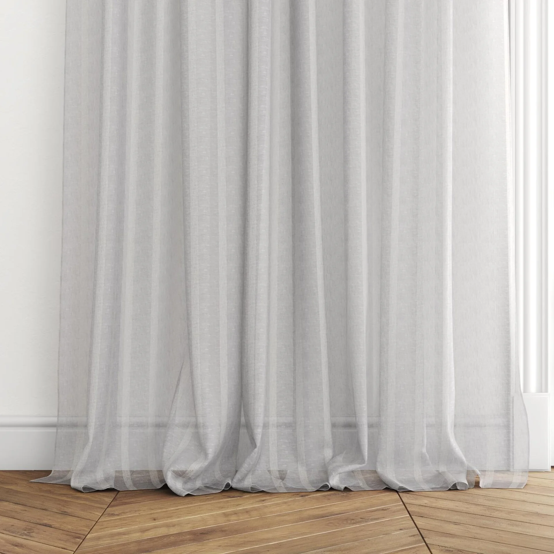 Bottom view of Camus Steel, puddled with pinch pleat, on curtain rod