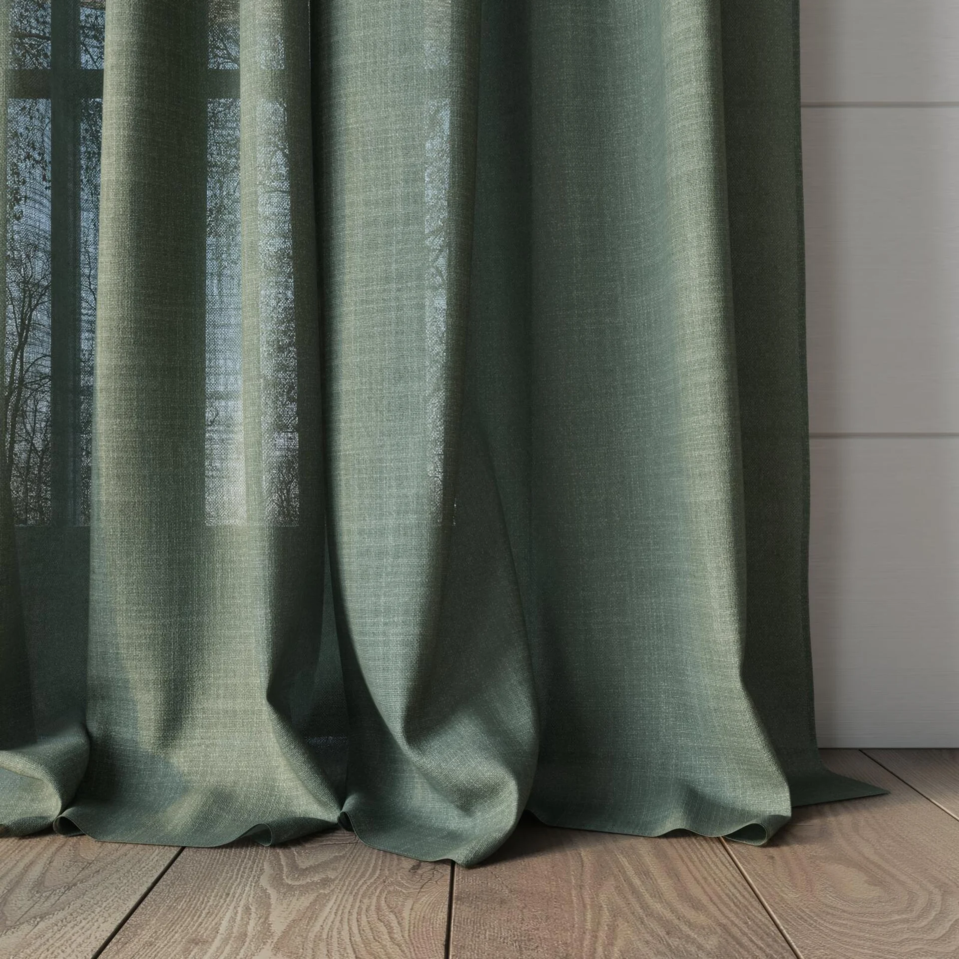 Bottom view of Release Camouflage, puddled, on curtain rod