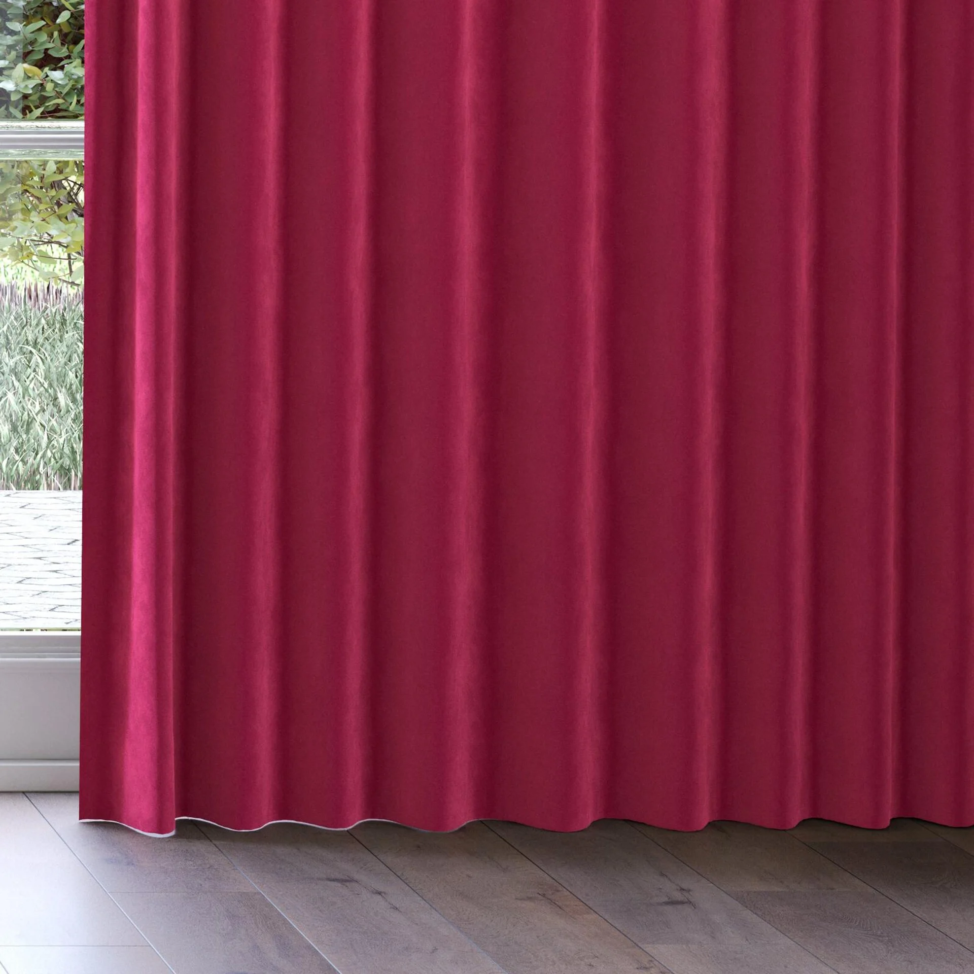 Bottom view of Lux Velvet Strawberry 8613, on curtain rail