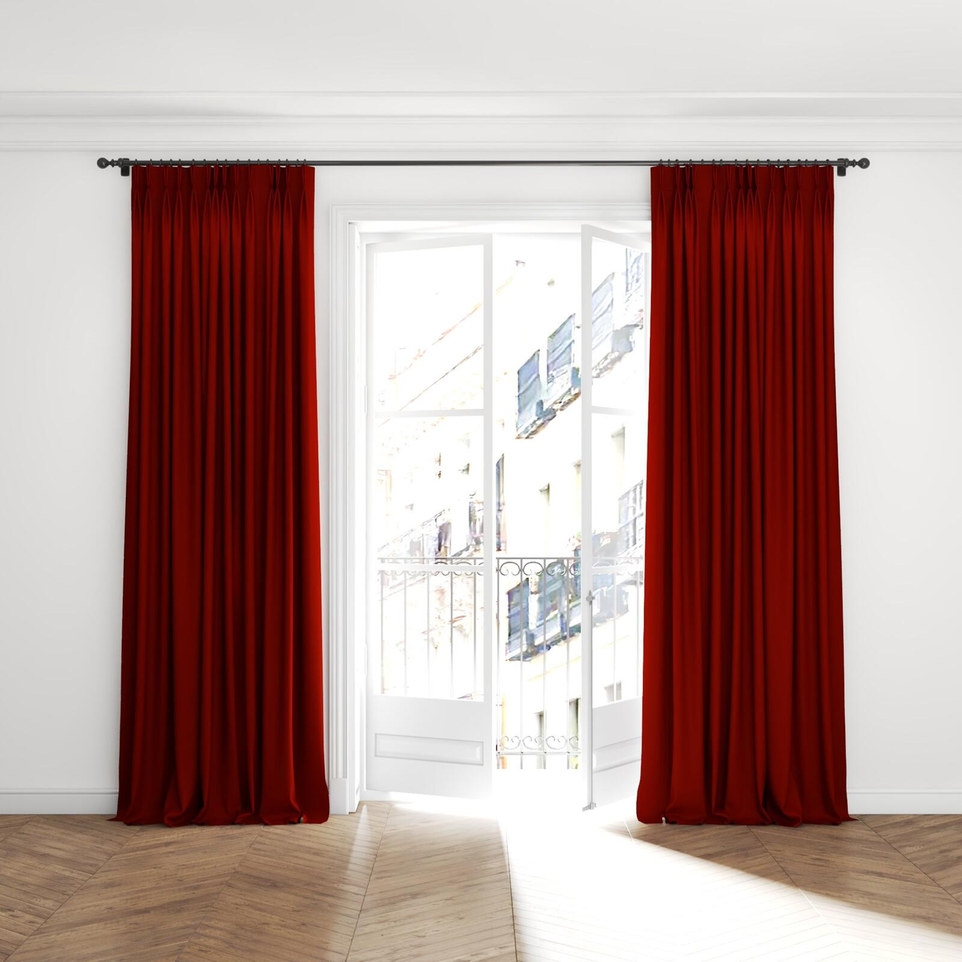 Full view of Vela Sierra, puddled with pinch pleat, on curtain rod