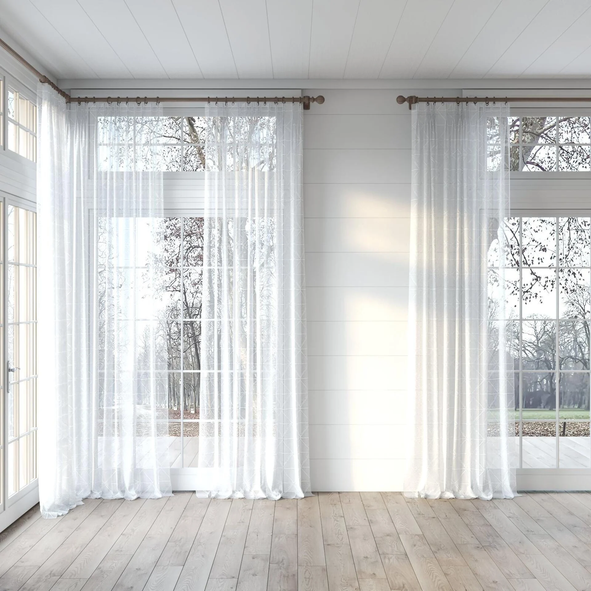 Full view of Timeless Blanc, puddled, on curtain rod