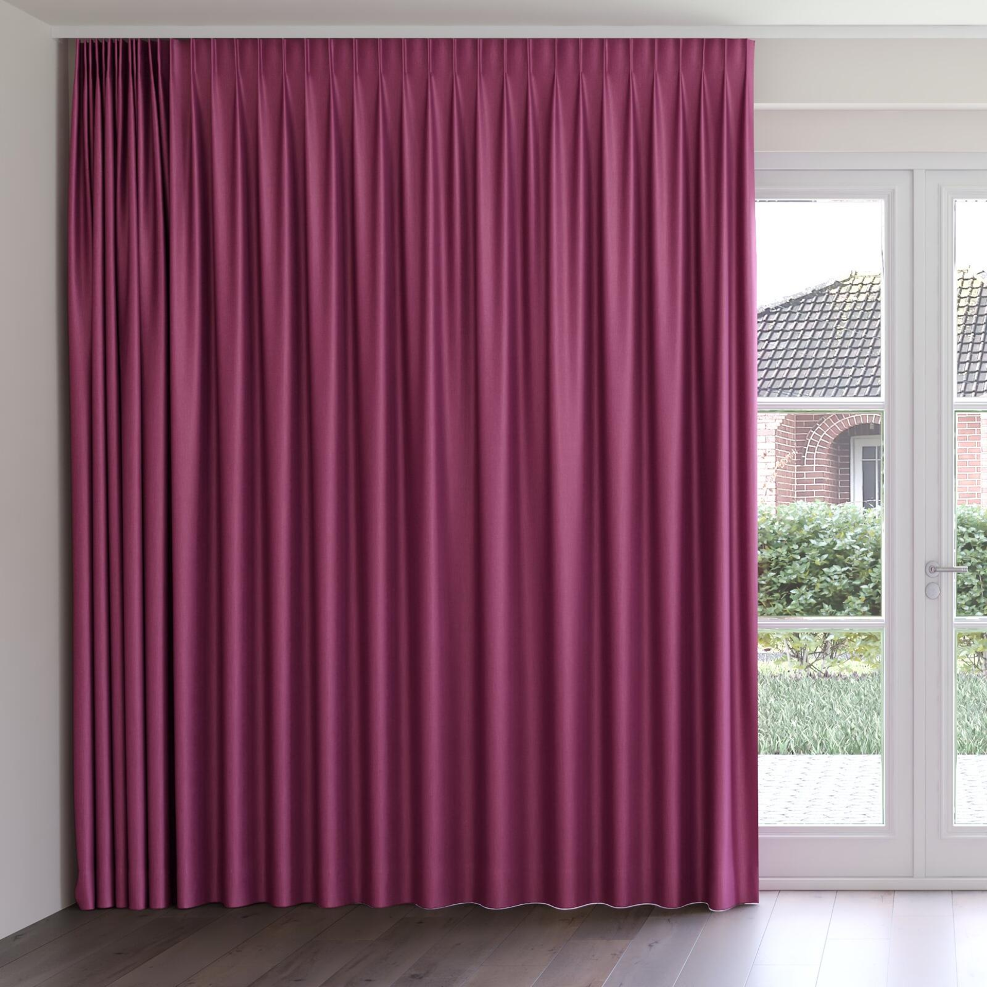 Front view of Matrix Fuchsia, on curtain rail