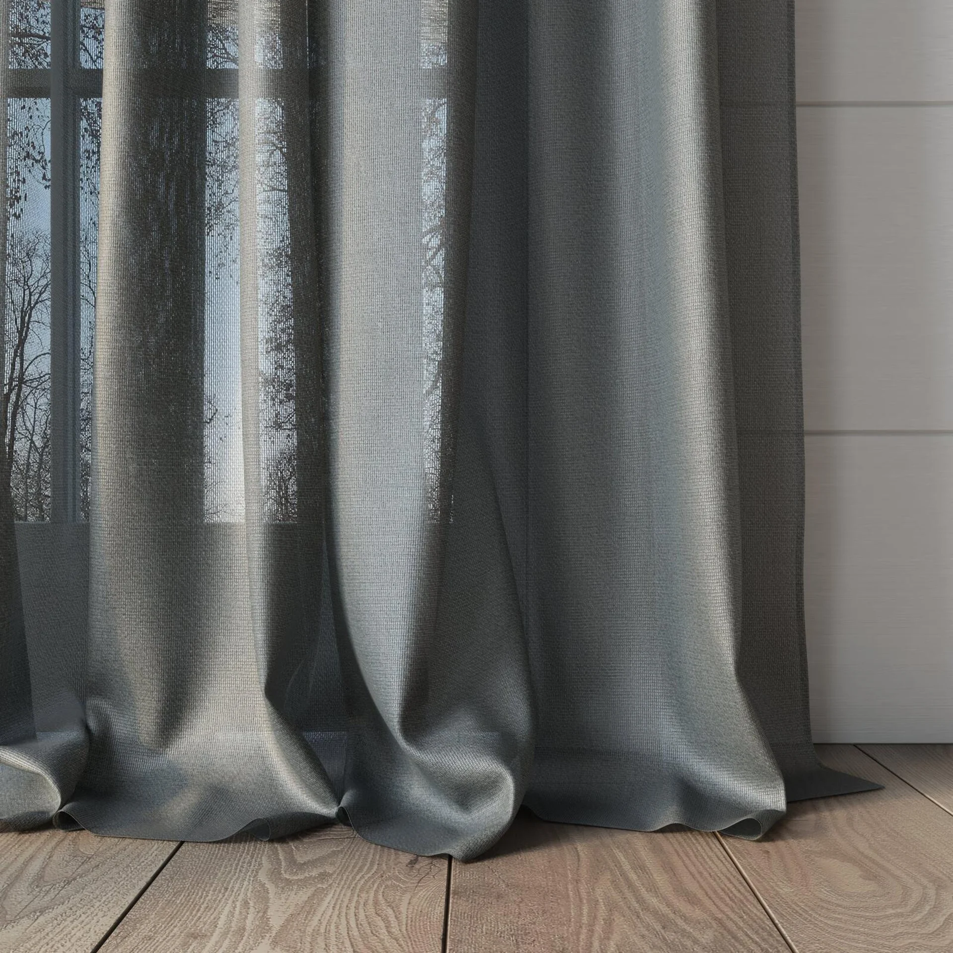 Bottom view of Jermian Metal, puddled, on curtain rod