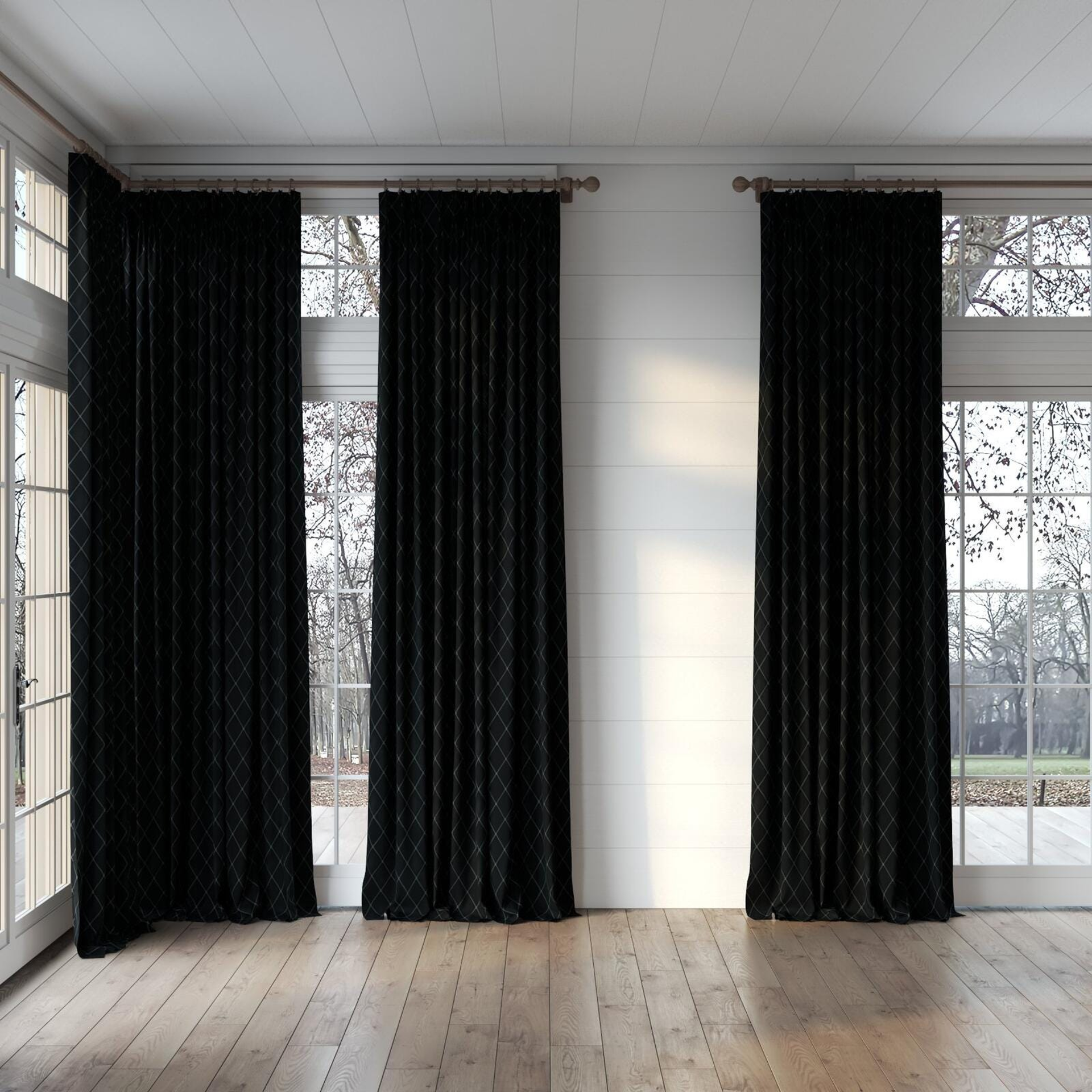 Full view of Pantheon Onyx, puddled, on curtain rod