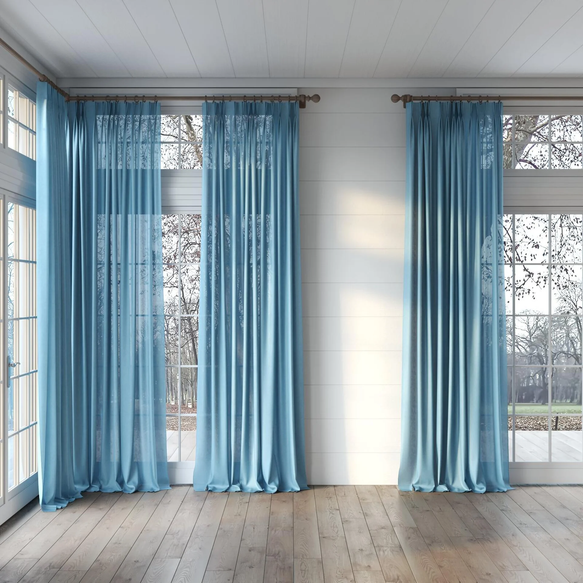Full view of Flo II Aqua, puddled, on curtain rod