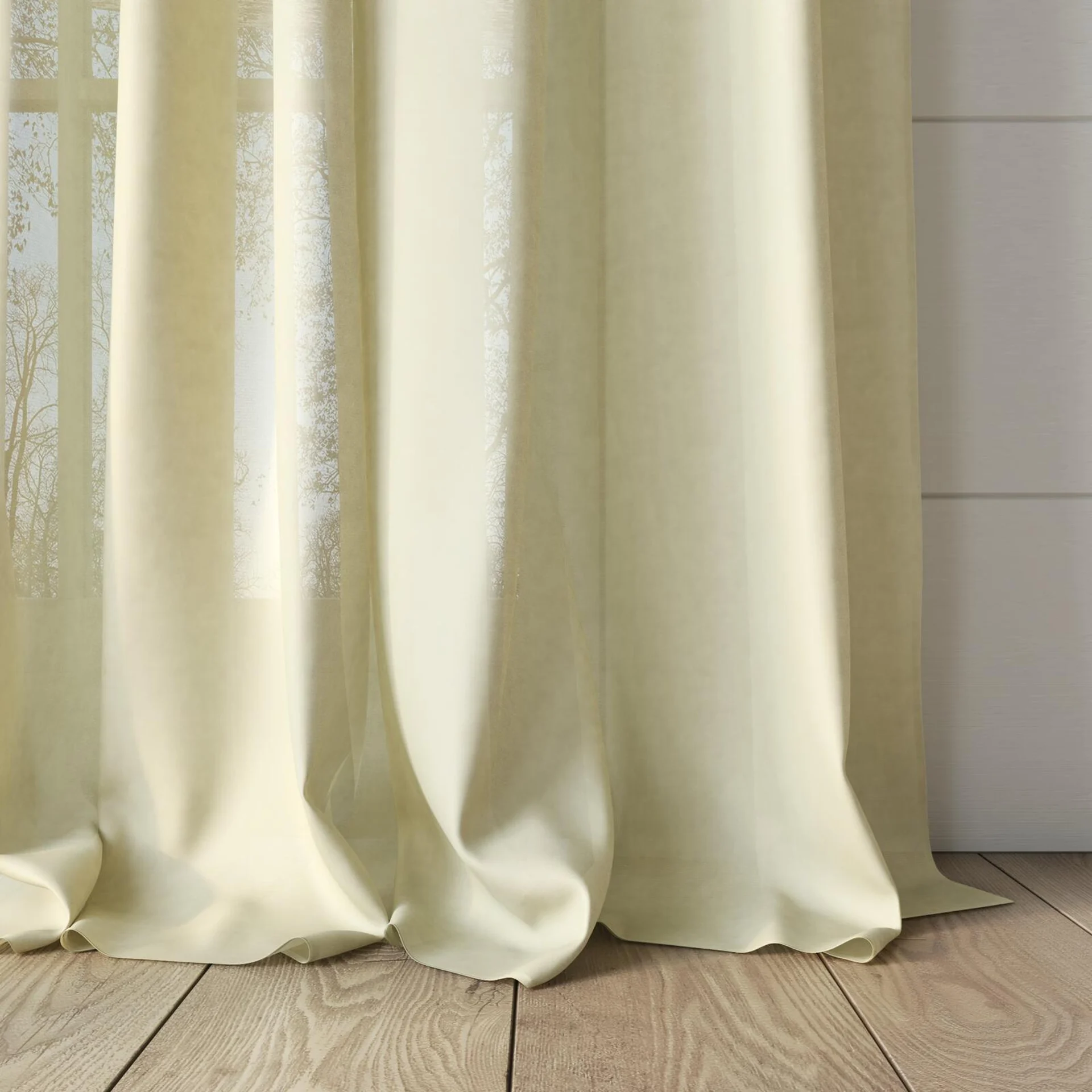 Bottom view of Flo II Straw, puddled, on curtain rod