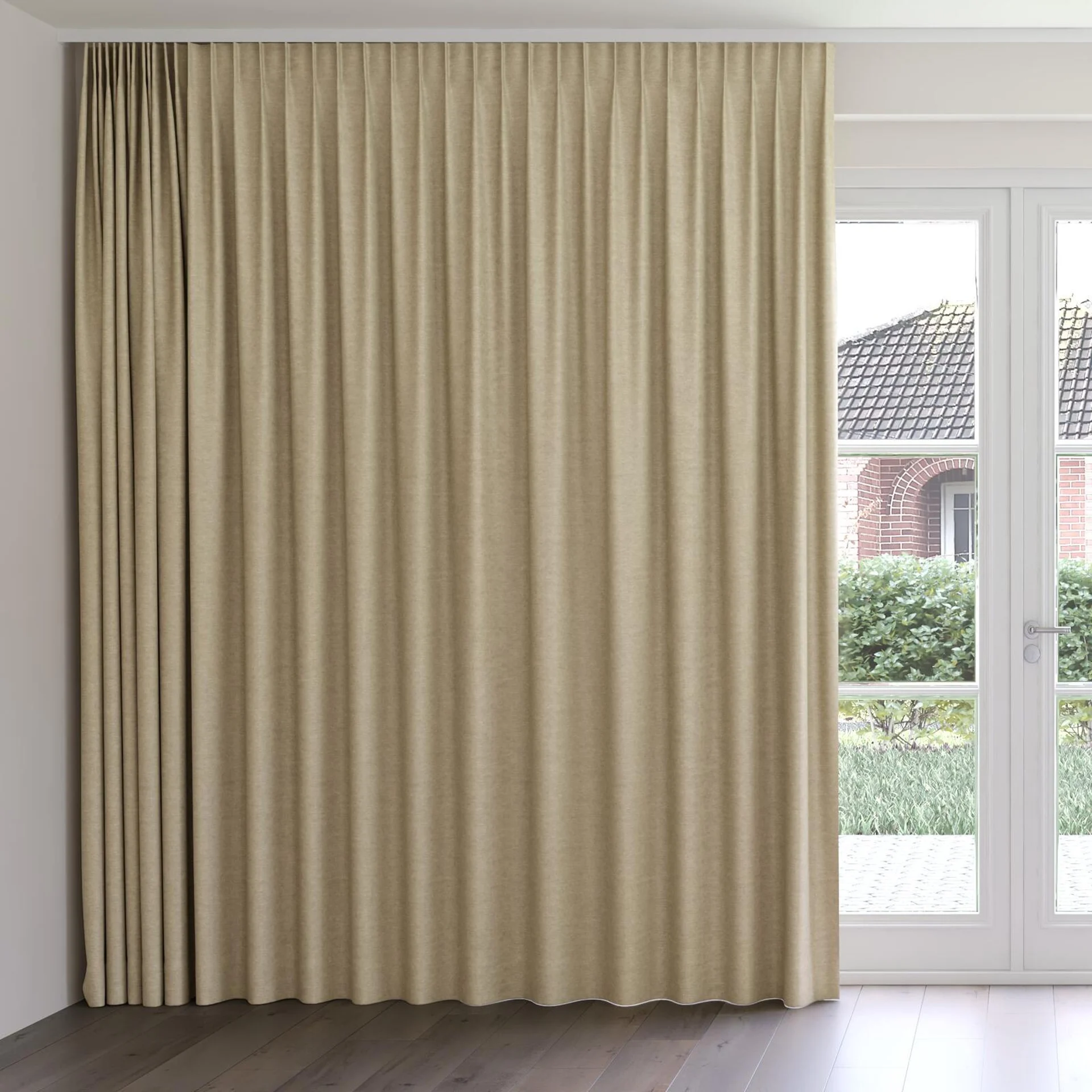 Front view of Colourwash Caramel, on curtain rail