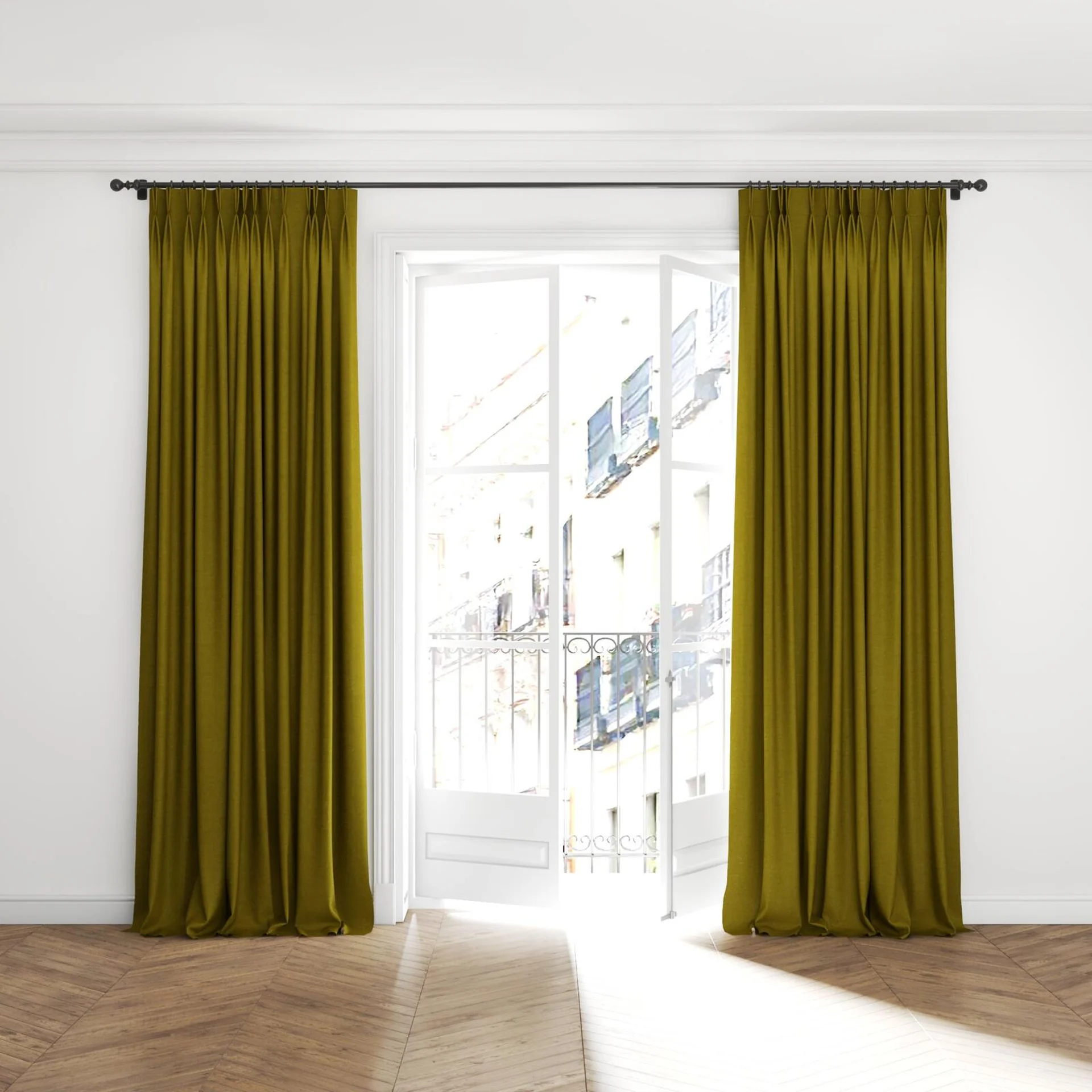 Full view of Drama Oasis, puddled with pinch pleat, on curtain rod