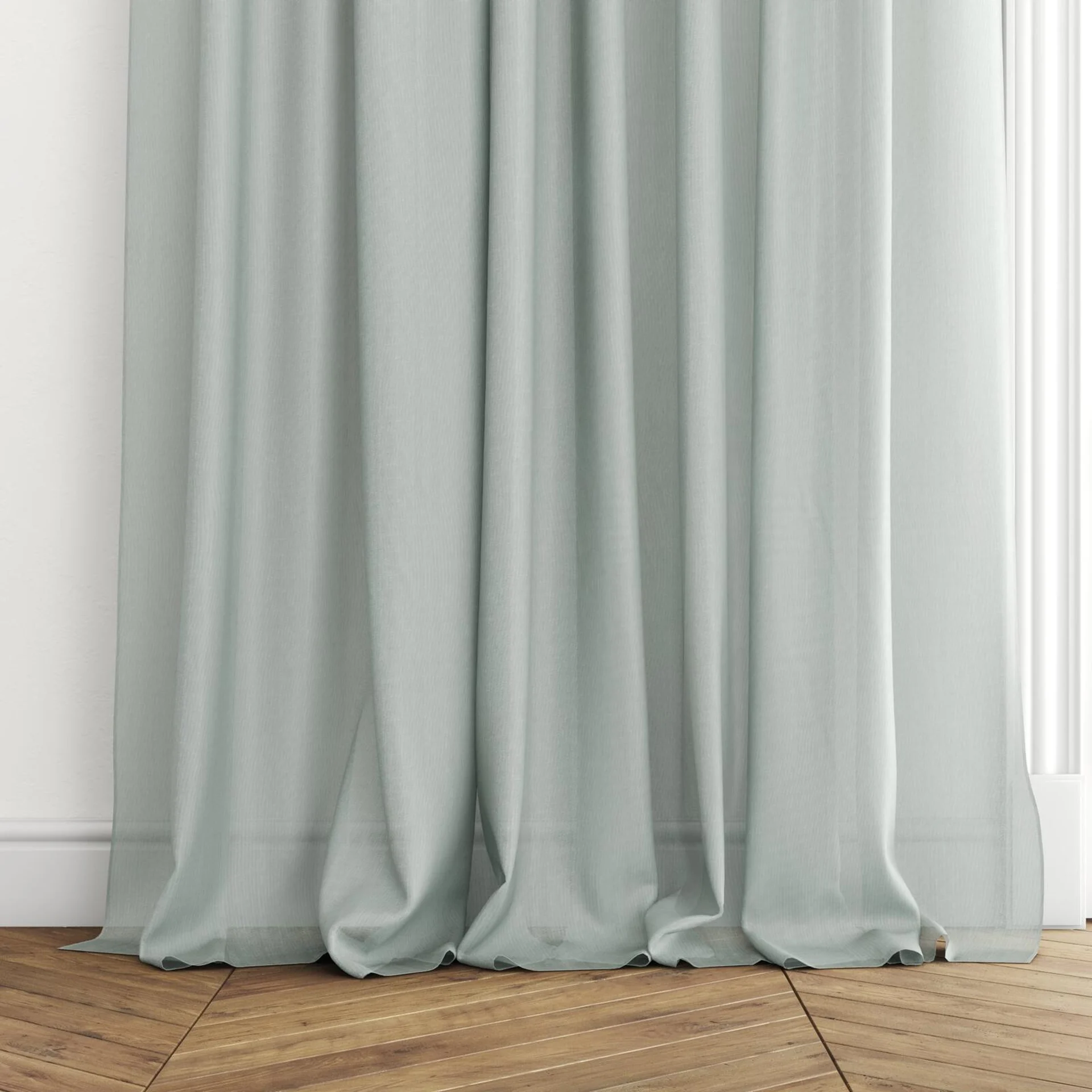 Bottom view of Jaba Aqua, puddled with pinch pleat, on curtain rod