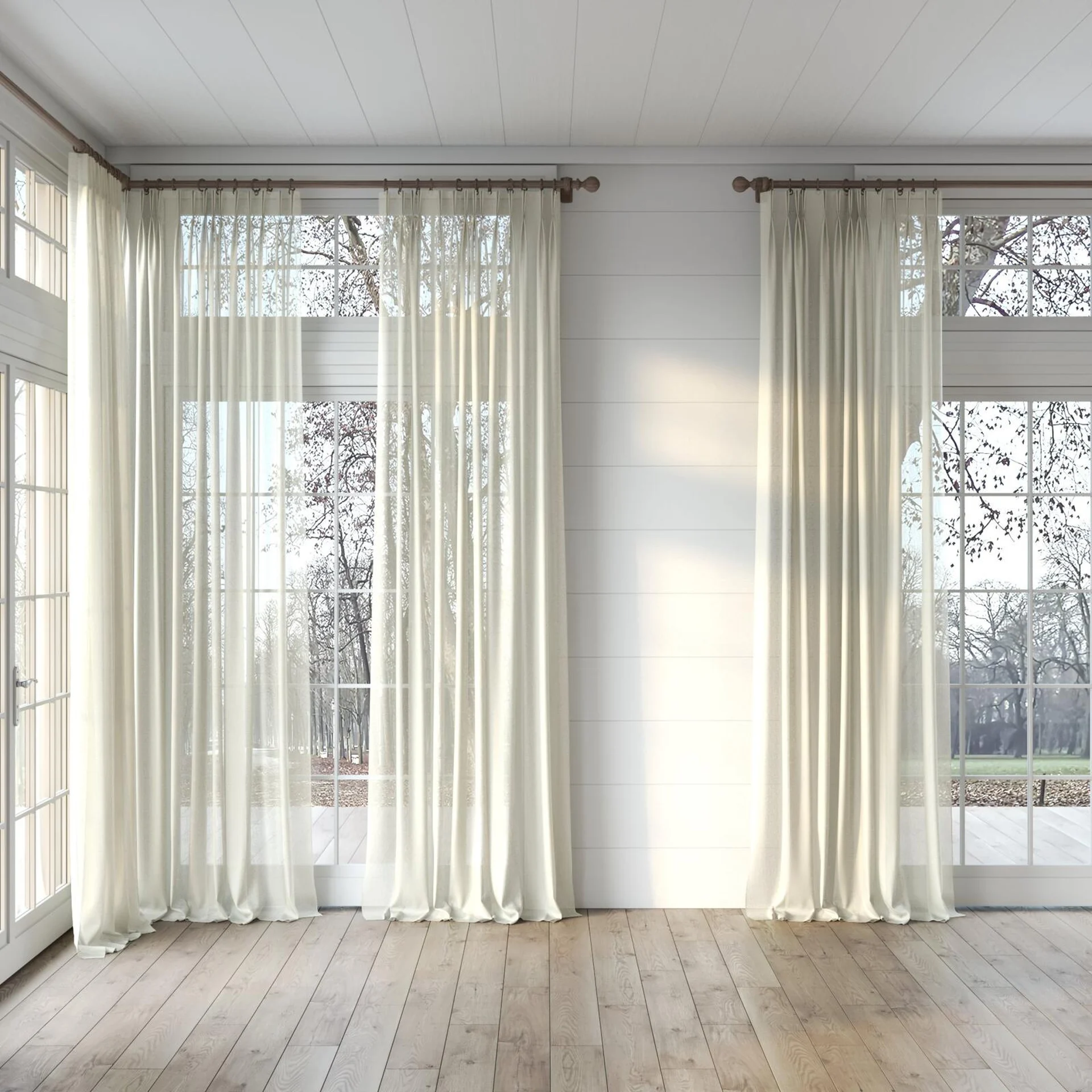 Full view of Alcova Linen, puddled, on curtain rod