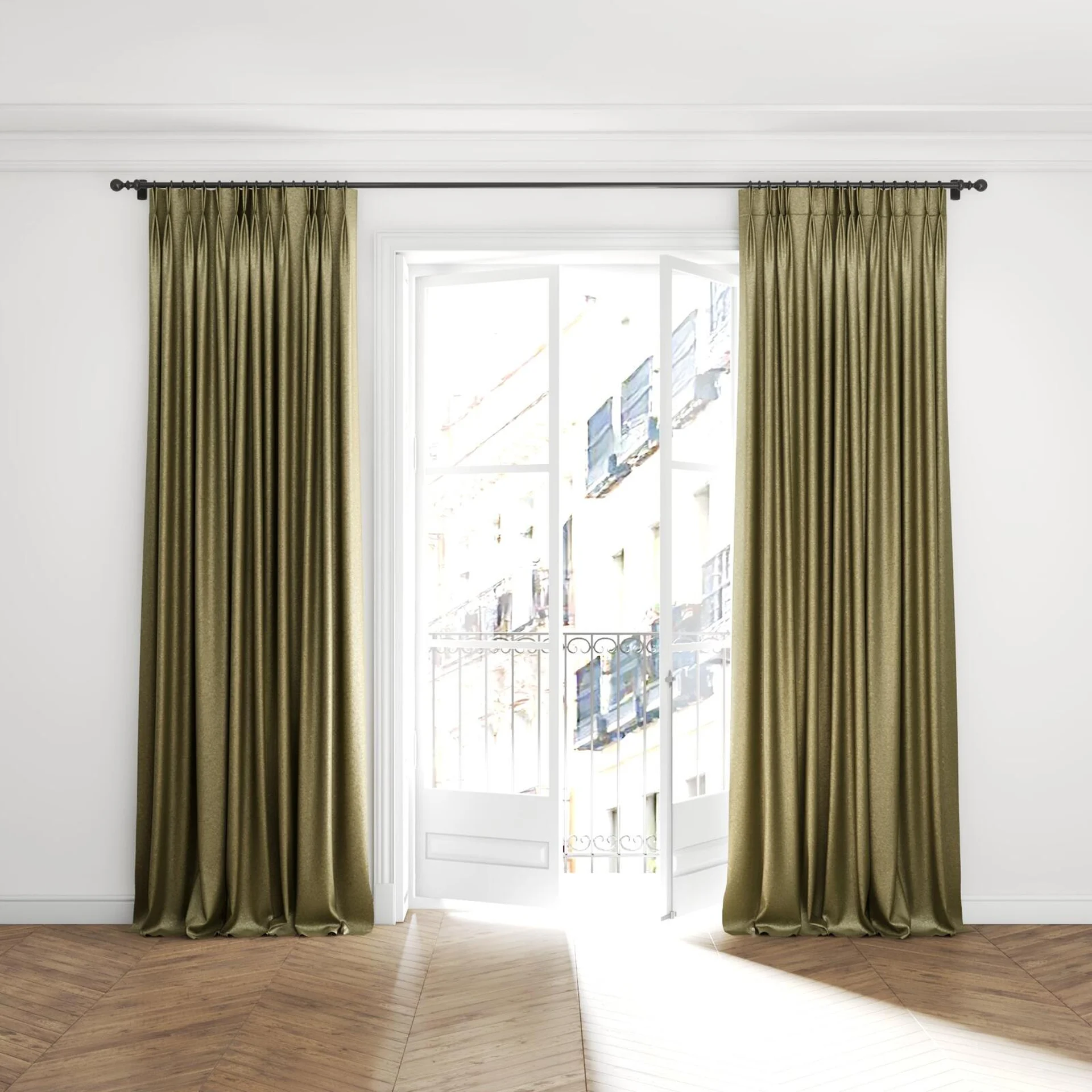 Full view of Recharge Olive, puddled with pinch pleat, on curtain rod