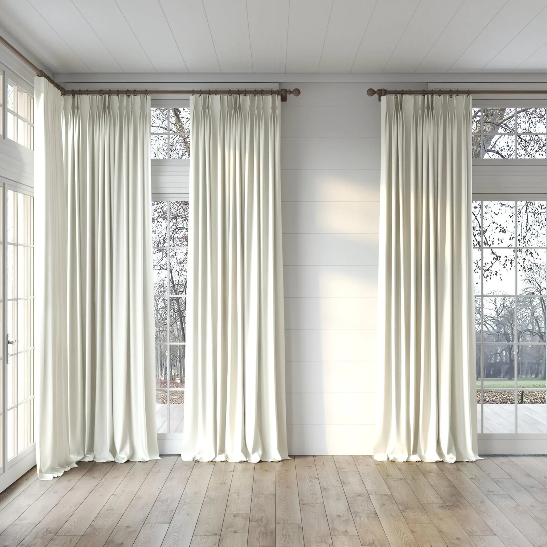 Full view of Cordoba Cream, puddled, on curtain rod