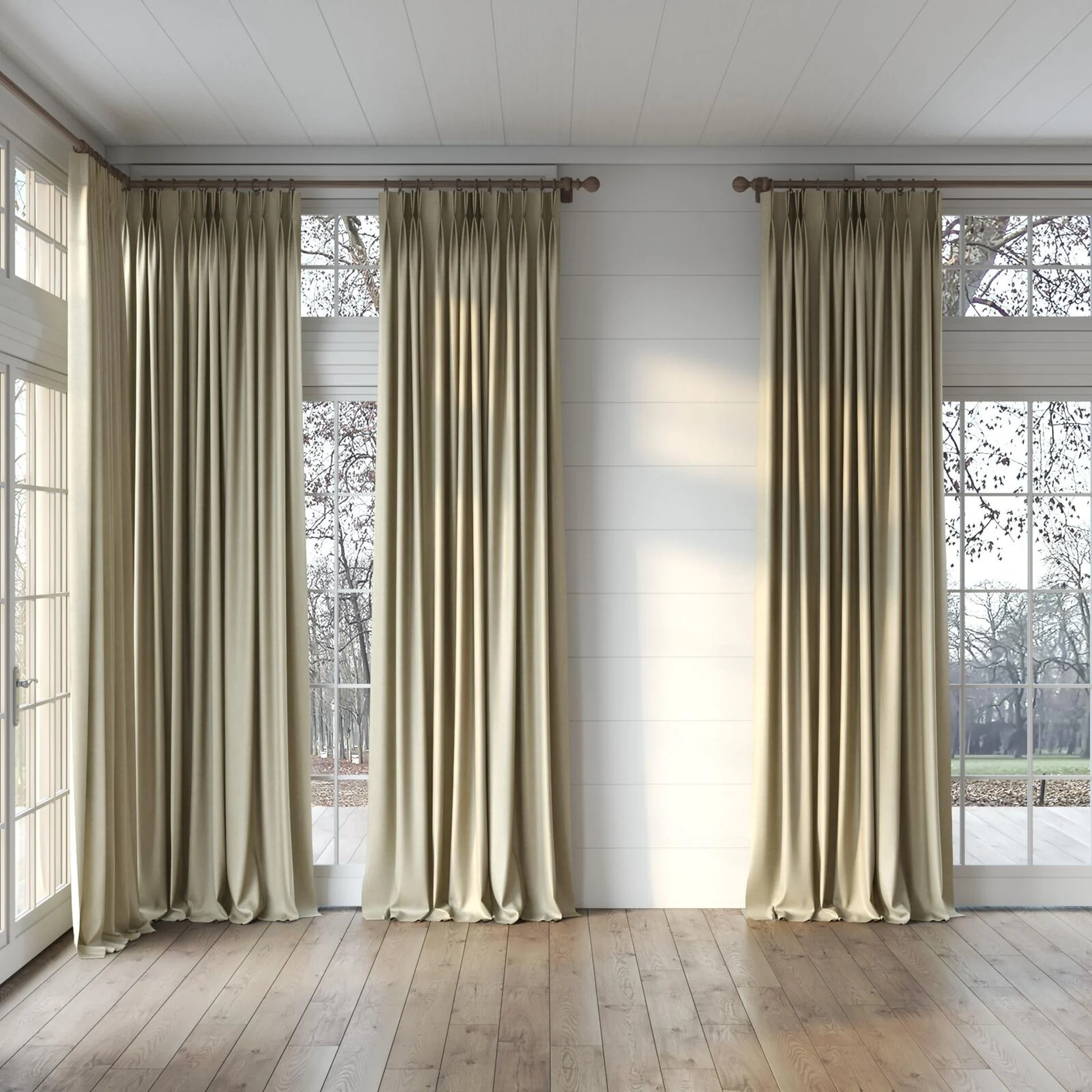 Full view of Bronco Seagrass, puddled, on curtain rod