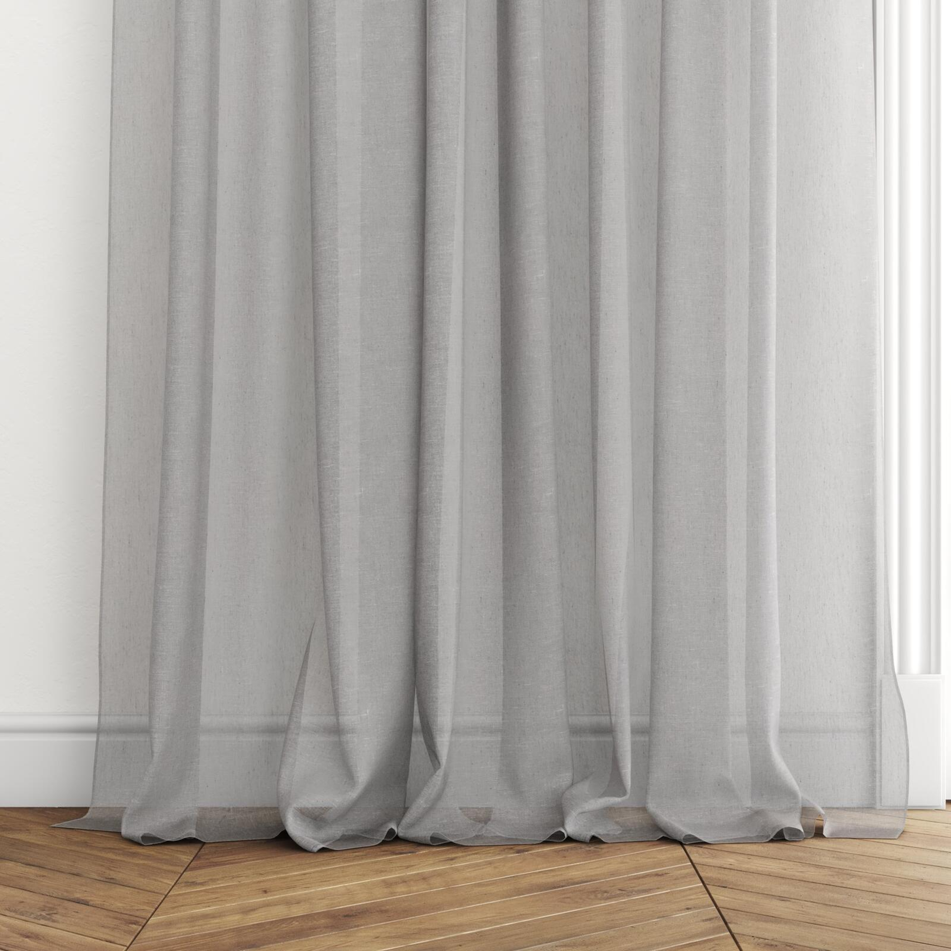 Bottom view of Tempest Basalt, puddled with pinch pleat, on curtain rod