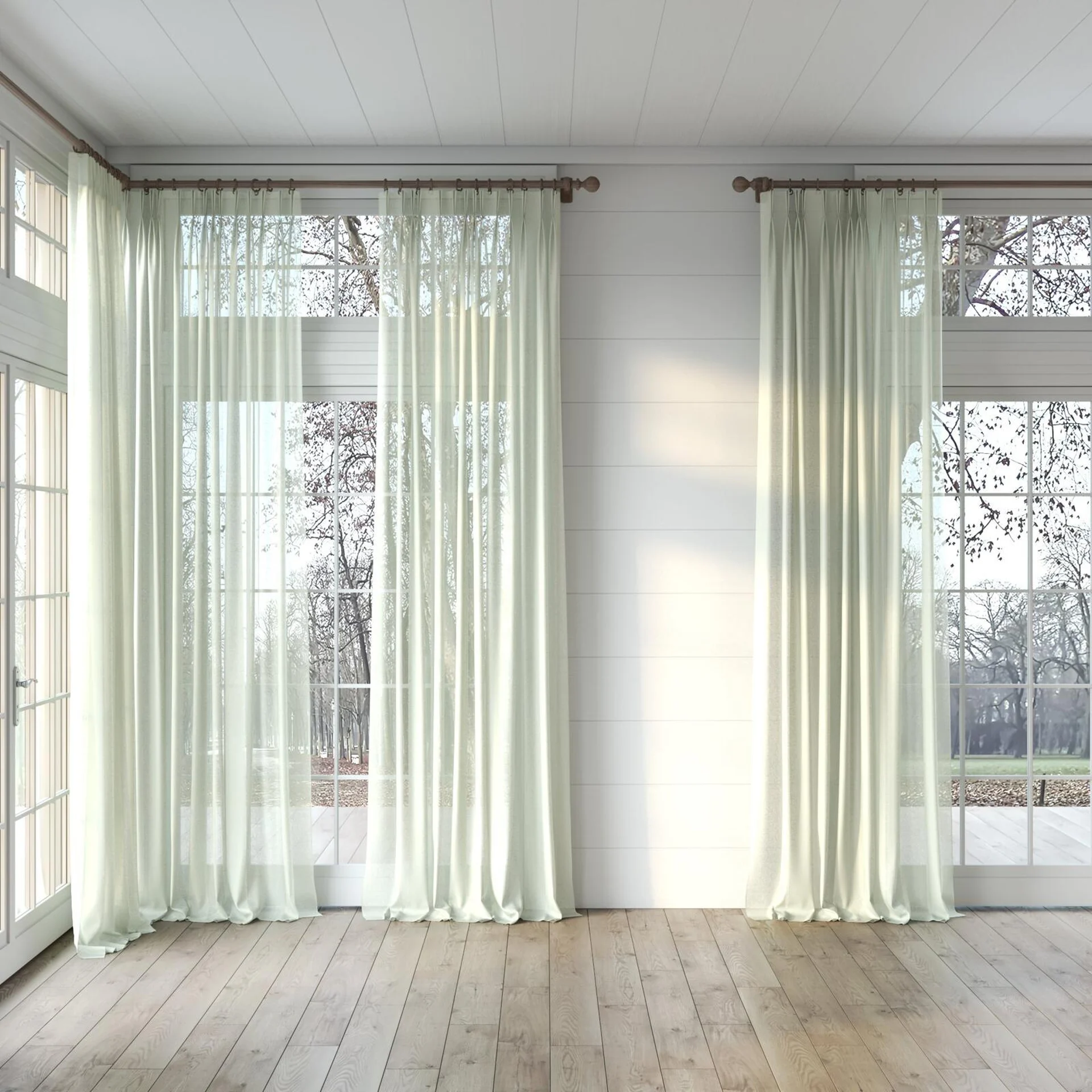 Full view of Kanso Stonewash Eucalyptus, puddled, on curtain rod