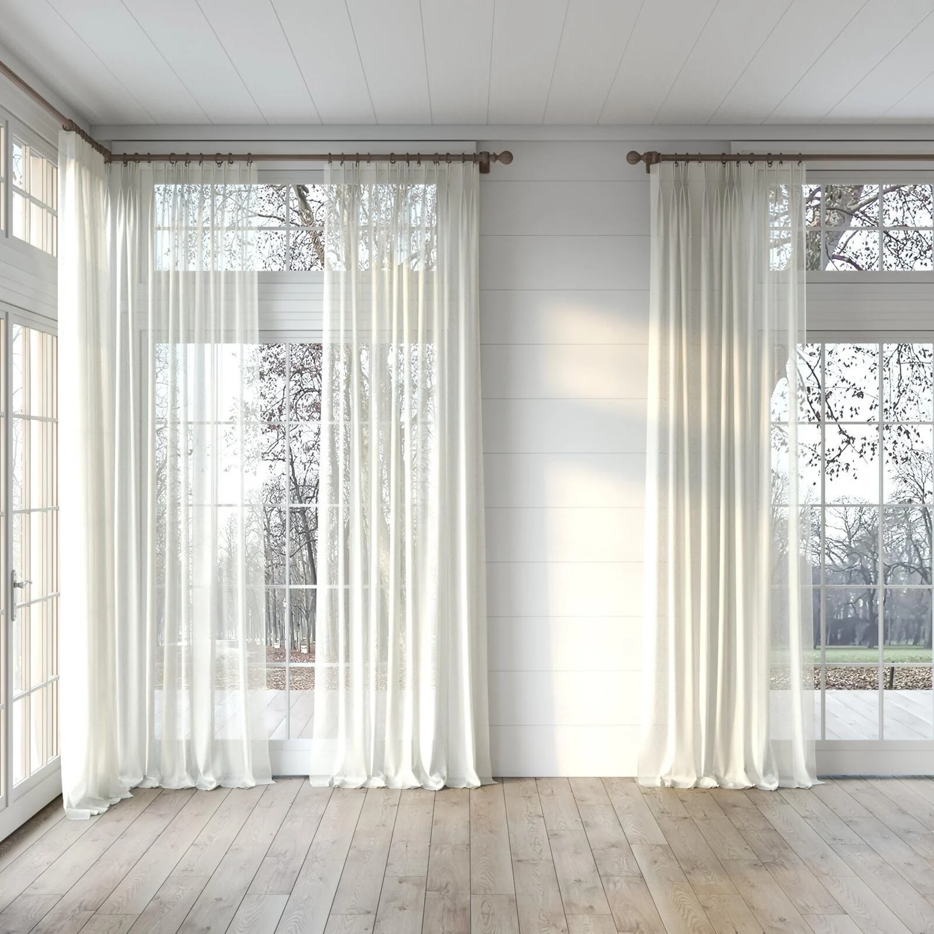Full view of Reverie Parchment, puddled, on curtain rod