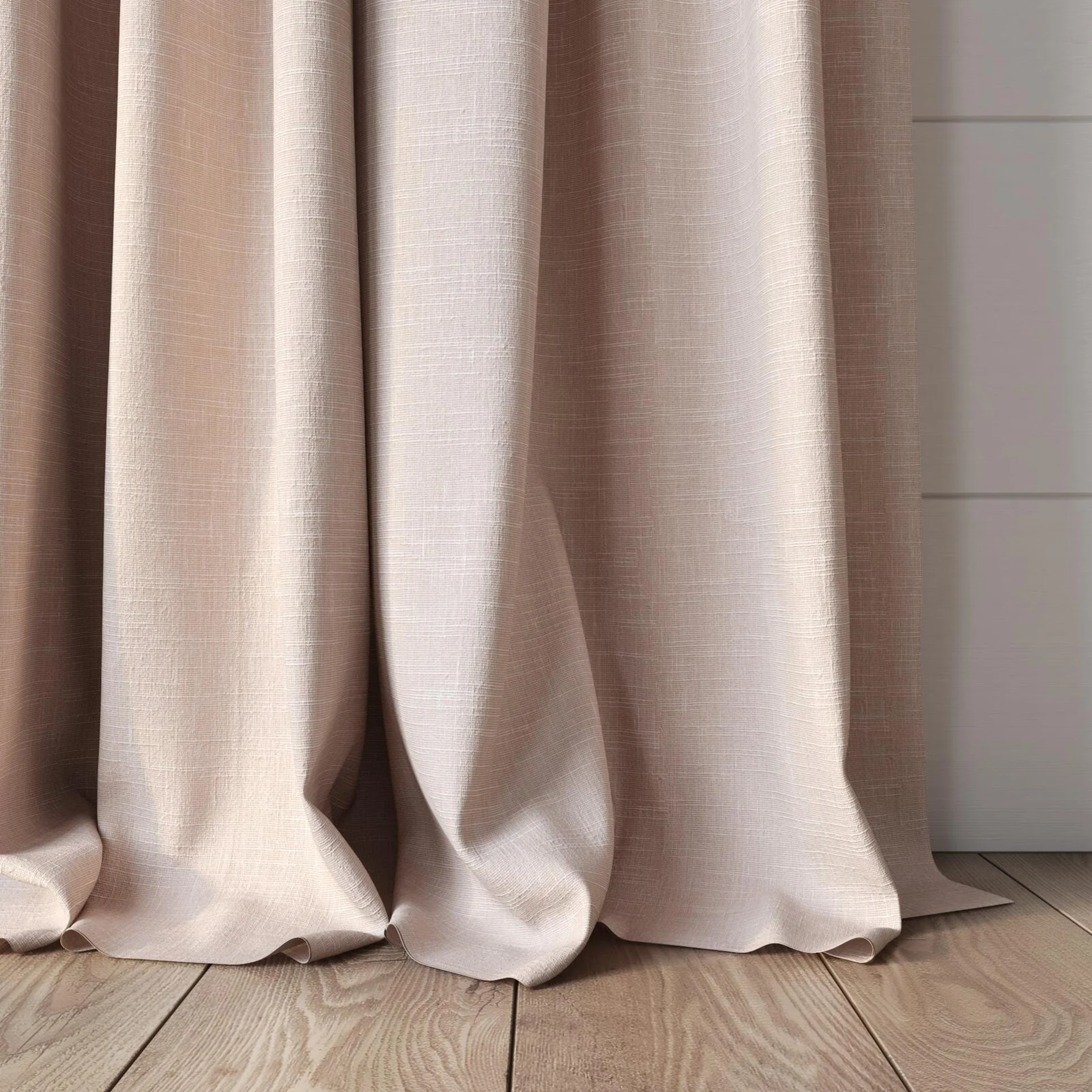 Bottom view of Artemis Blush, puddled, on curtain rod
