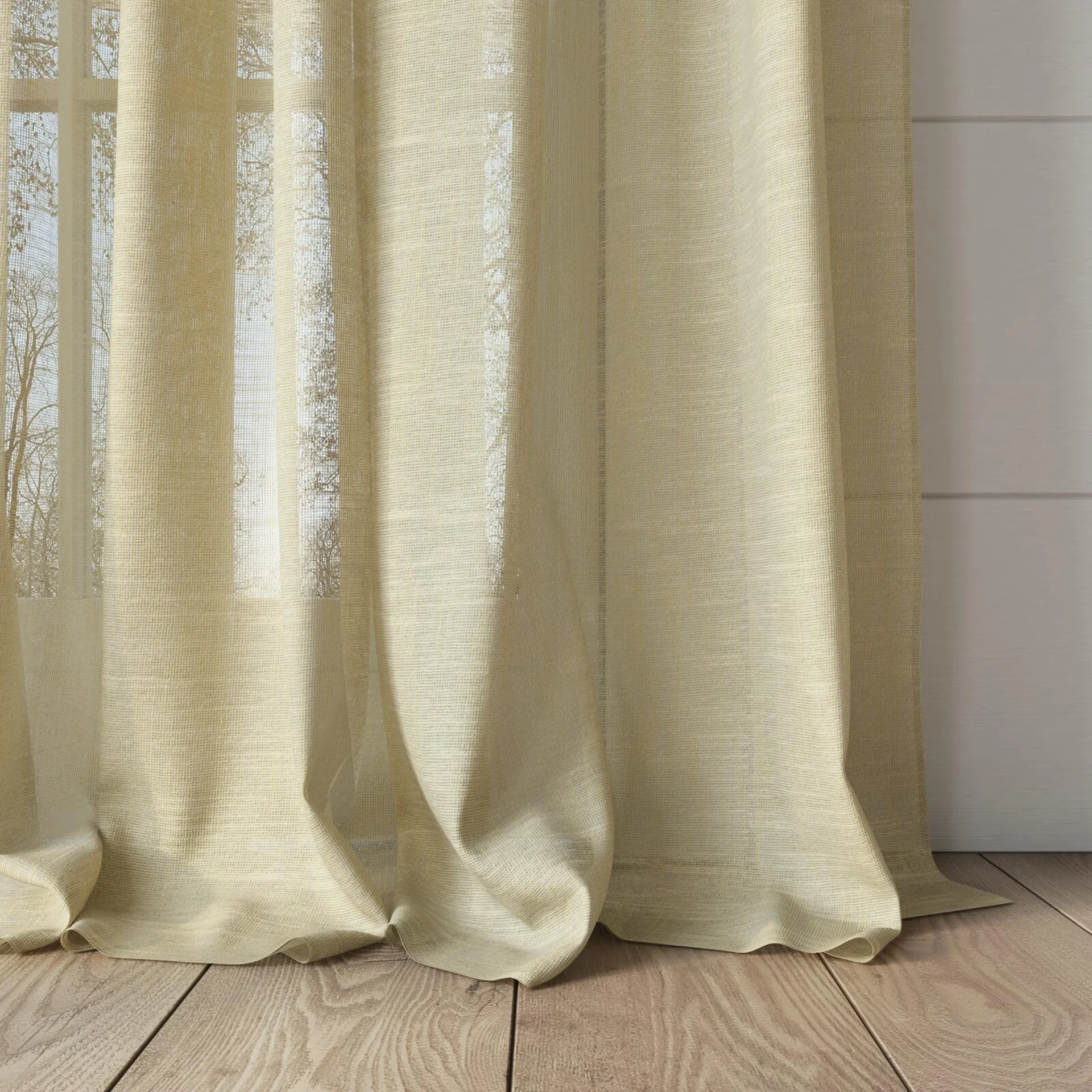 Bottom view of Angelic Sun, puddled, on curtain rod