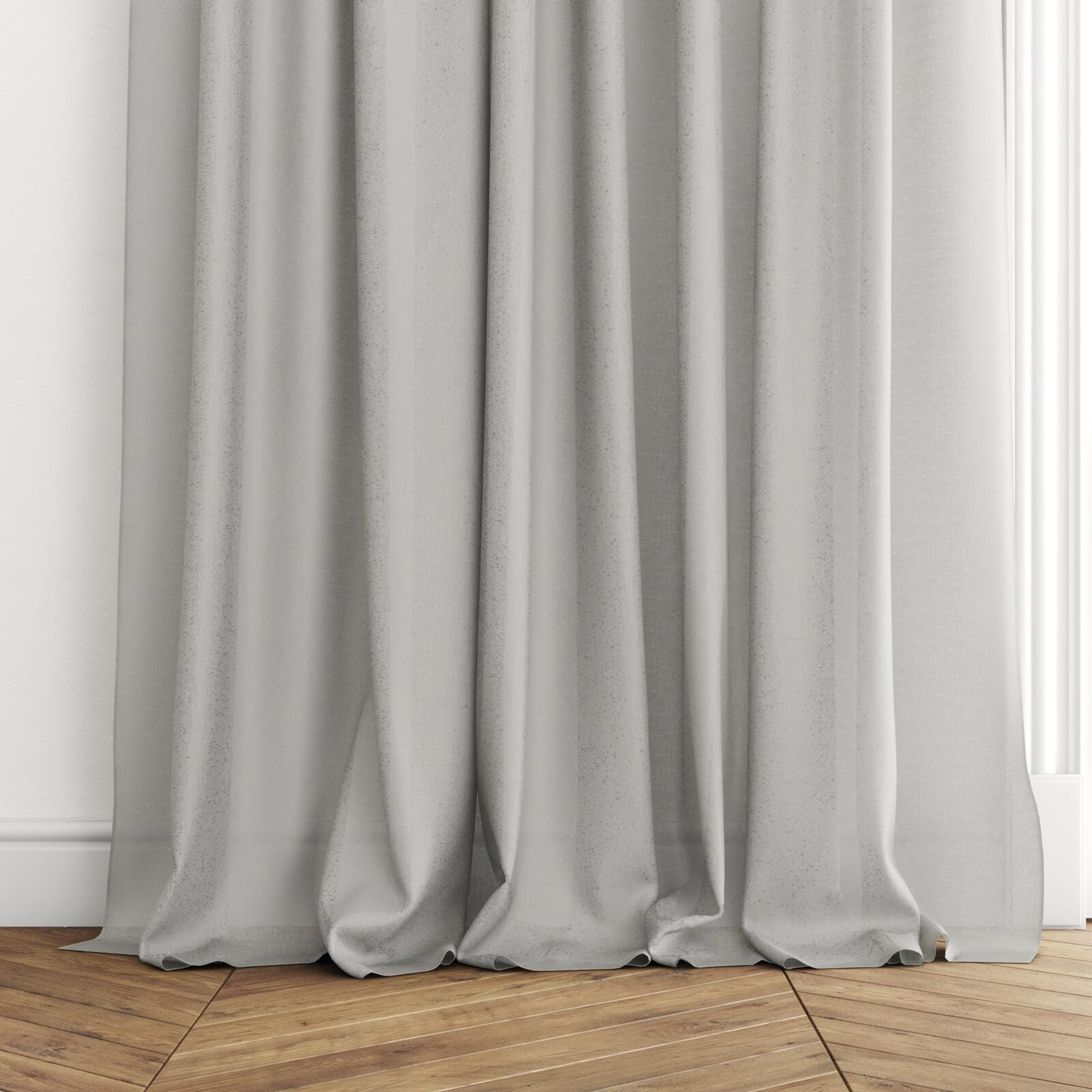 Bottom view of Wategos Duckegg, puddled with pinch pleat, on curtain rod