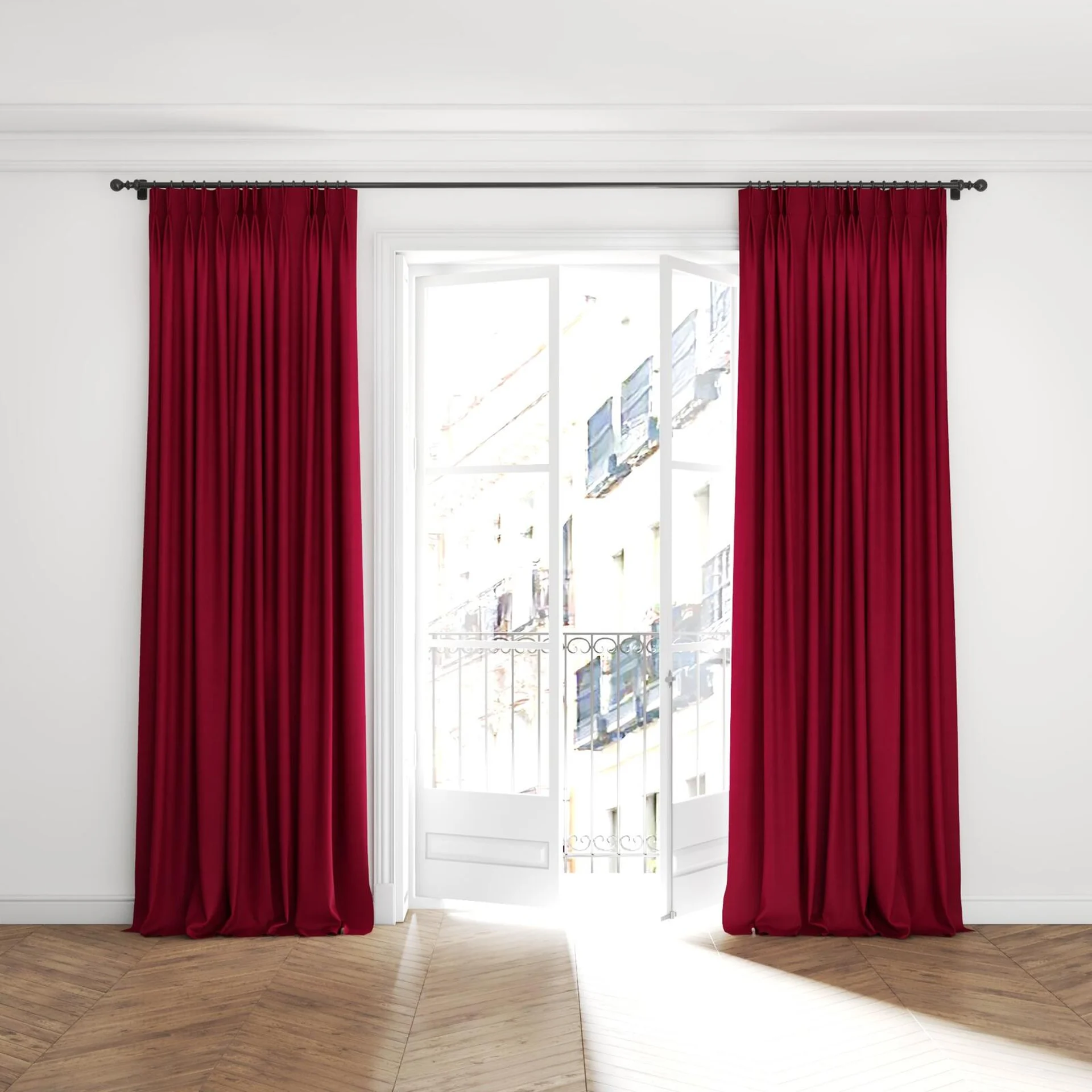 Full view of Lech Grenadine, puddled with pinch pleat, on curtain rod