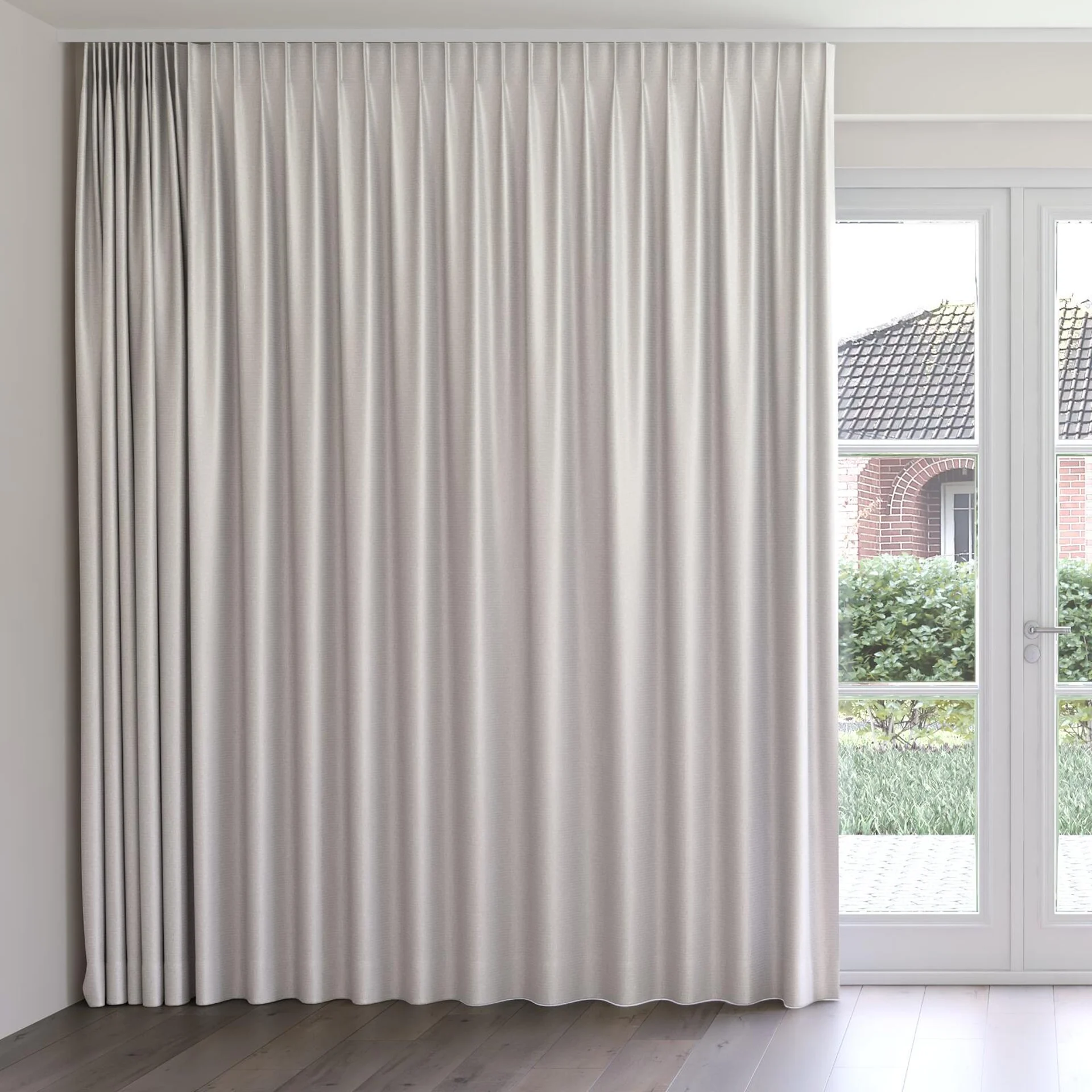 Front view of Kennedy II Blackout Parchment, on curtain rail