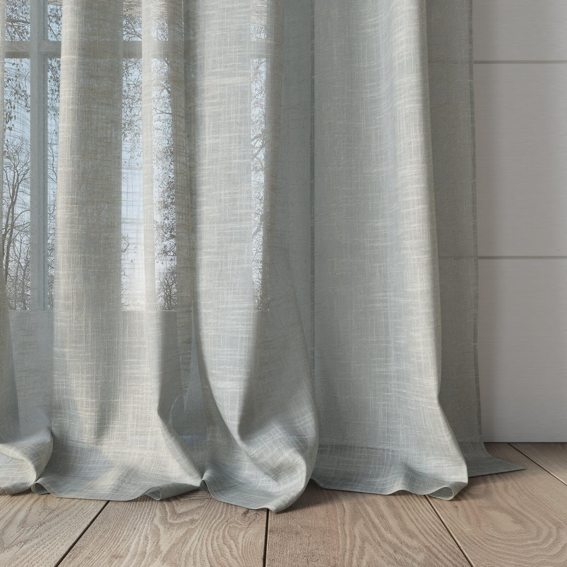 Bottom view of Savina Fog, puddled, on curtain rod