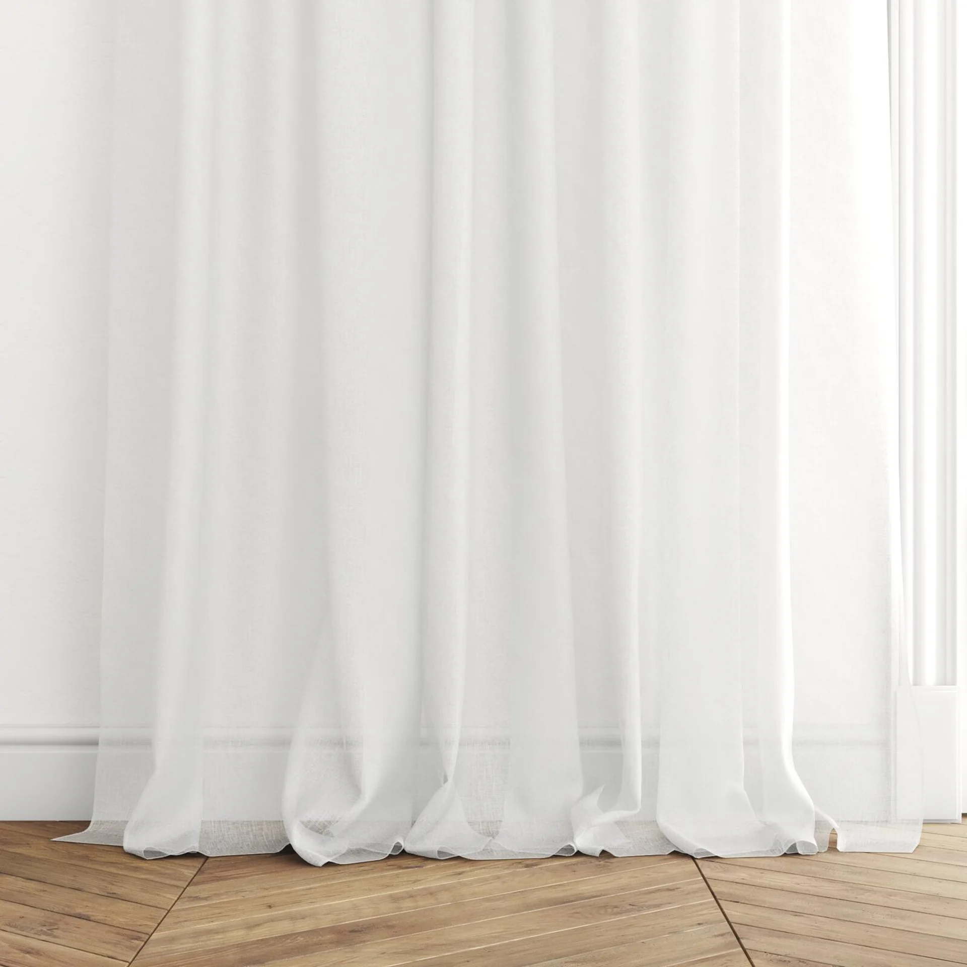 Bottom view of Reverie Chalk, puddled with pinch pleat, on curtain rod