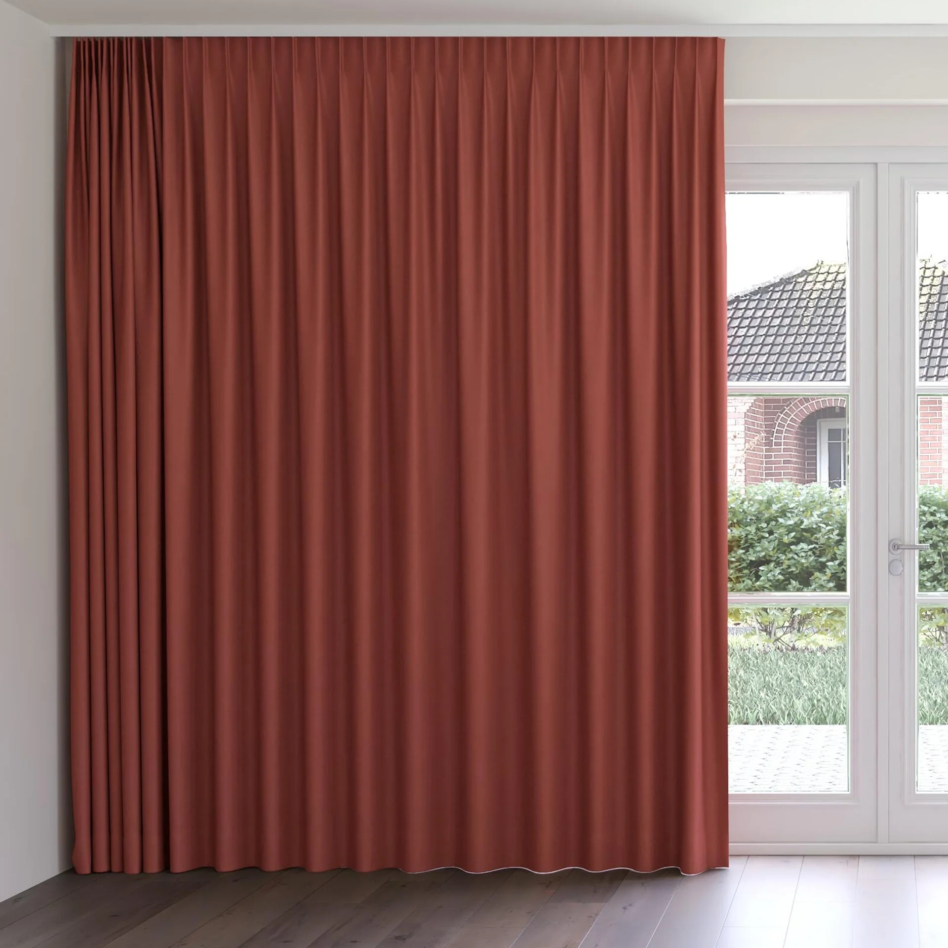 Front view of Colourwash Eco Redwood, on curtain rail