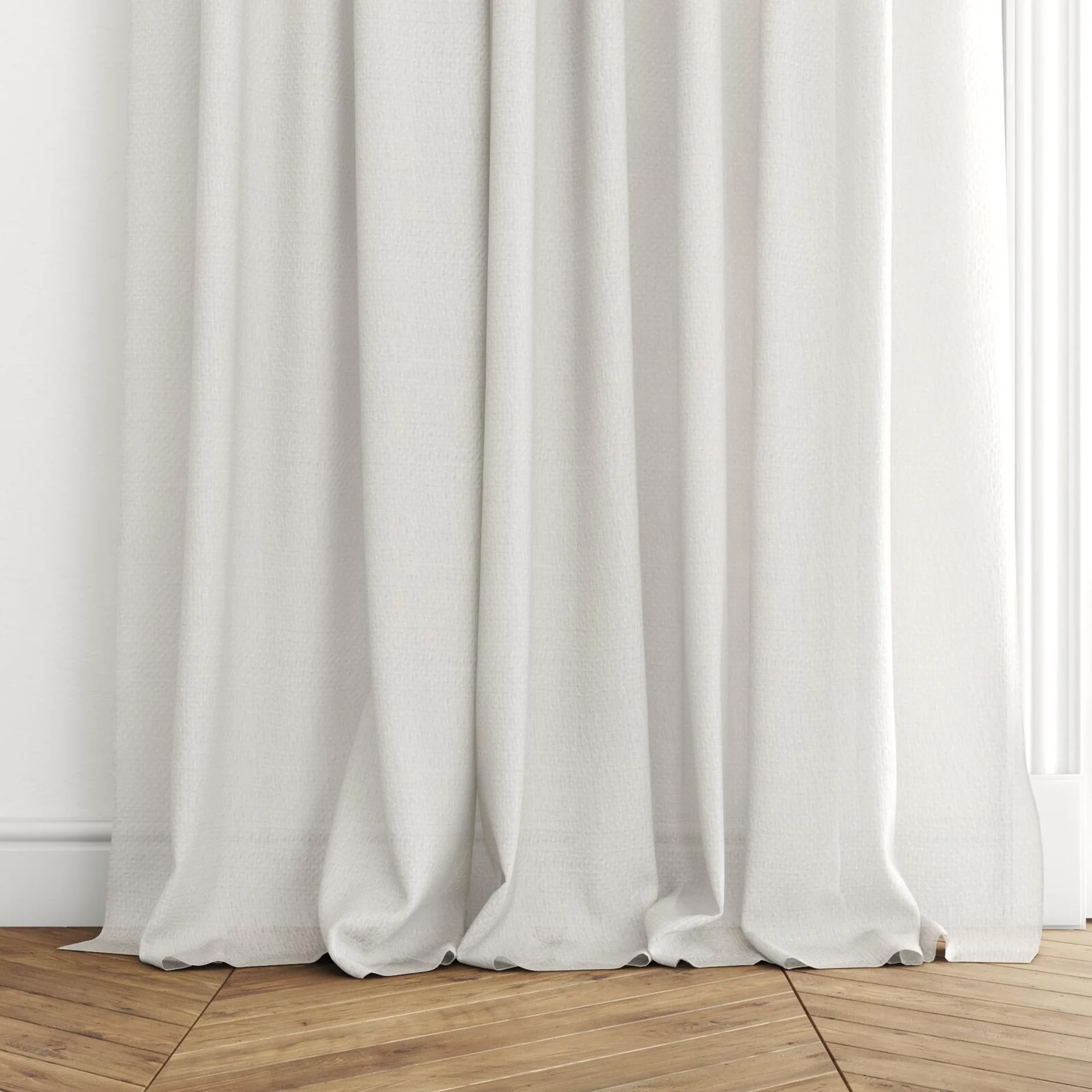 Bottom view of Origami Oyster, puddled with pinch pleat, on curtain rod