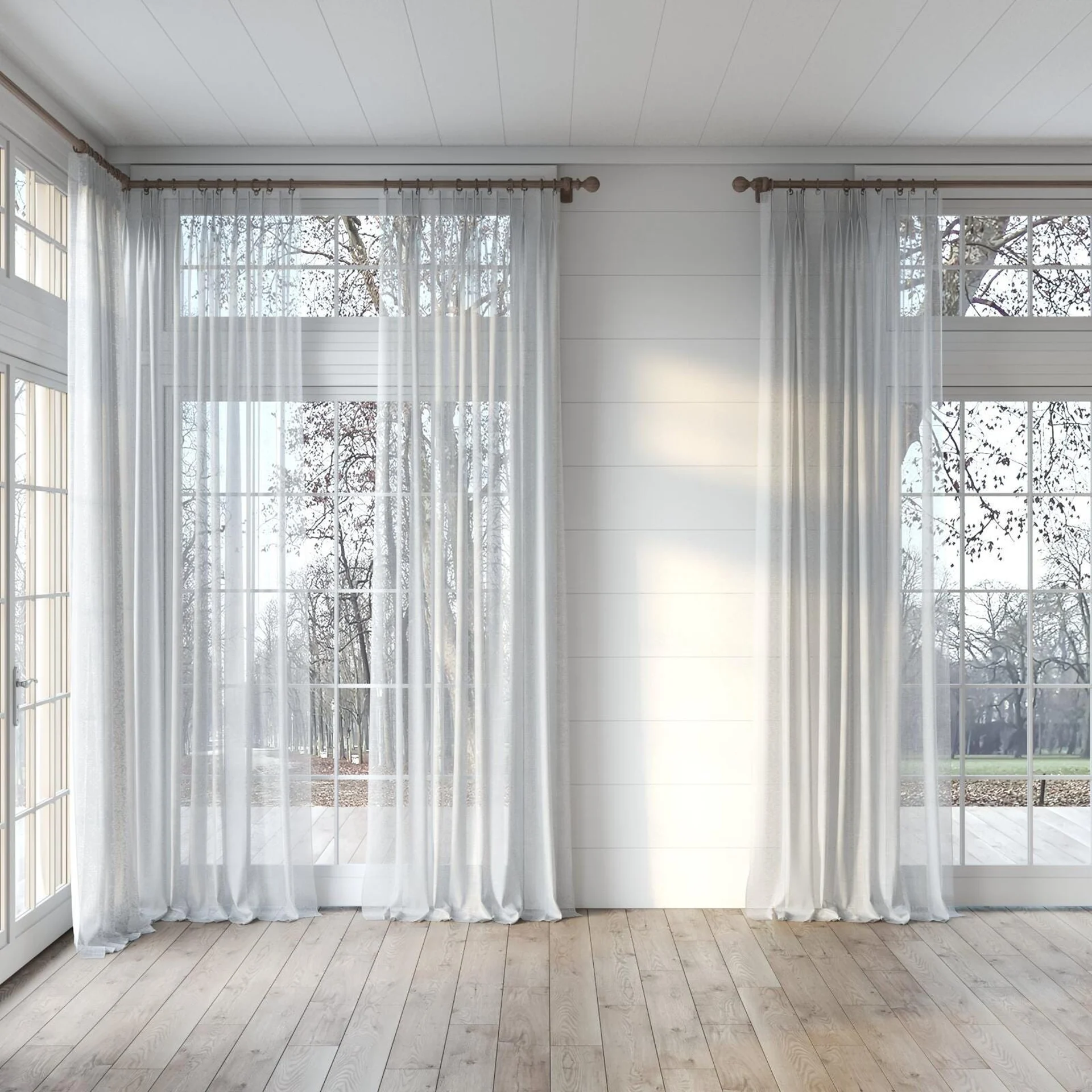 Full view of Kumo Recycled Silver Birch, puddled, on curtain rod
