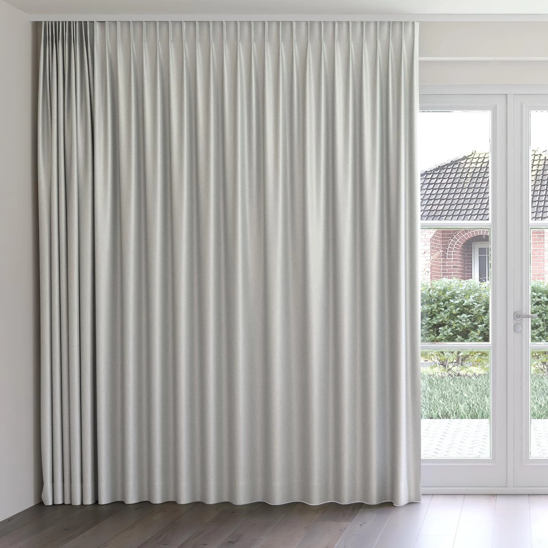 Front view of Kennedy II Blackout Frost, on curtain rail