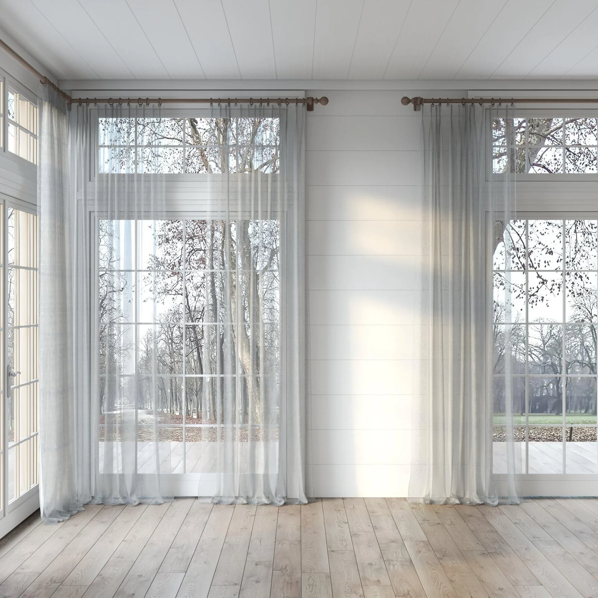 Full view of Makai (JDG) Birch, puddled, on curtain rod