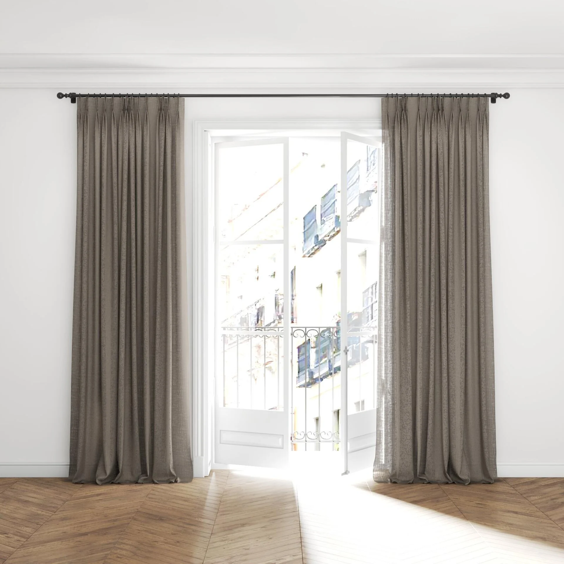 Full view of Adobe Husk, puddled with pinch pleat, on curtain rod