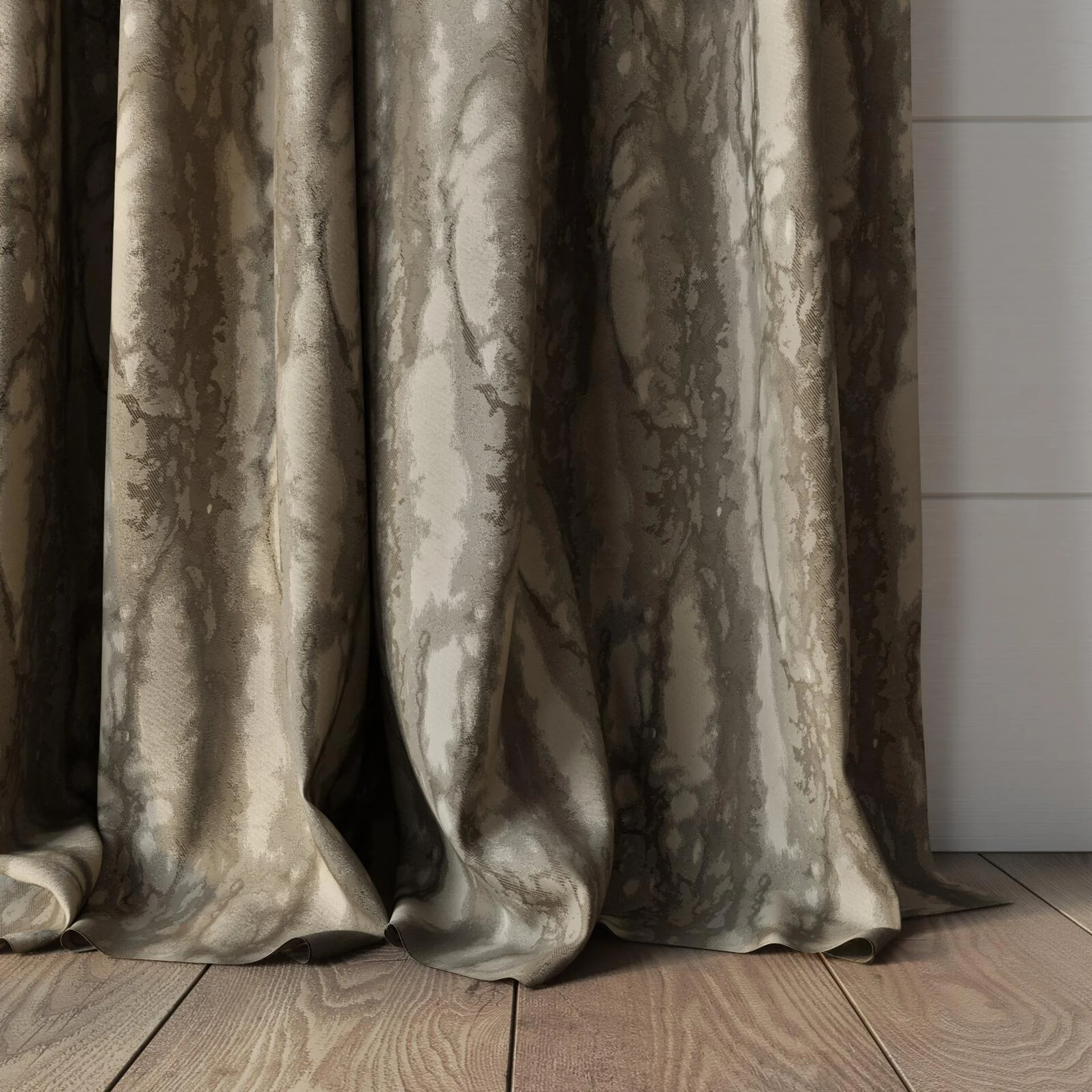 Bottom view of Anthology Taupe, puddled, on curtain rod