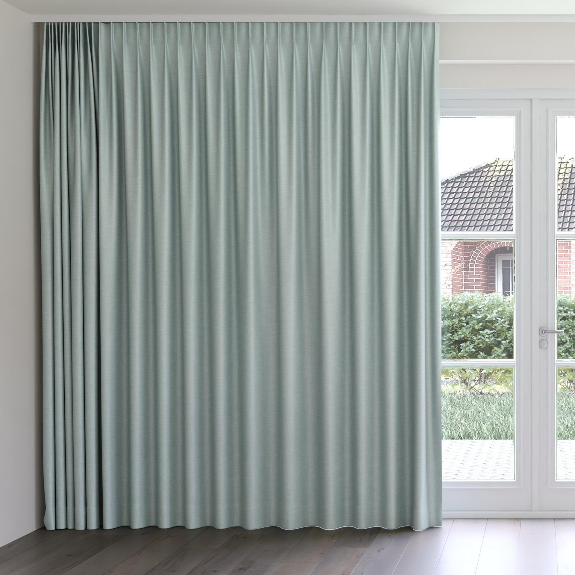 Front view of Tonto Celadon, on curtain rail
