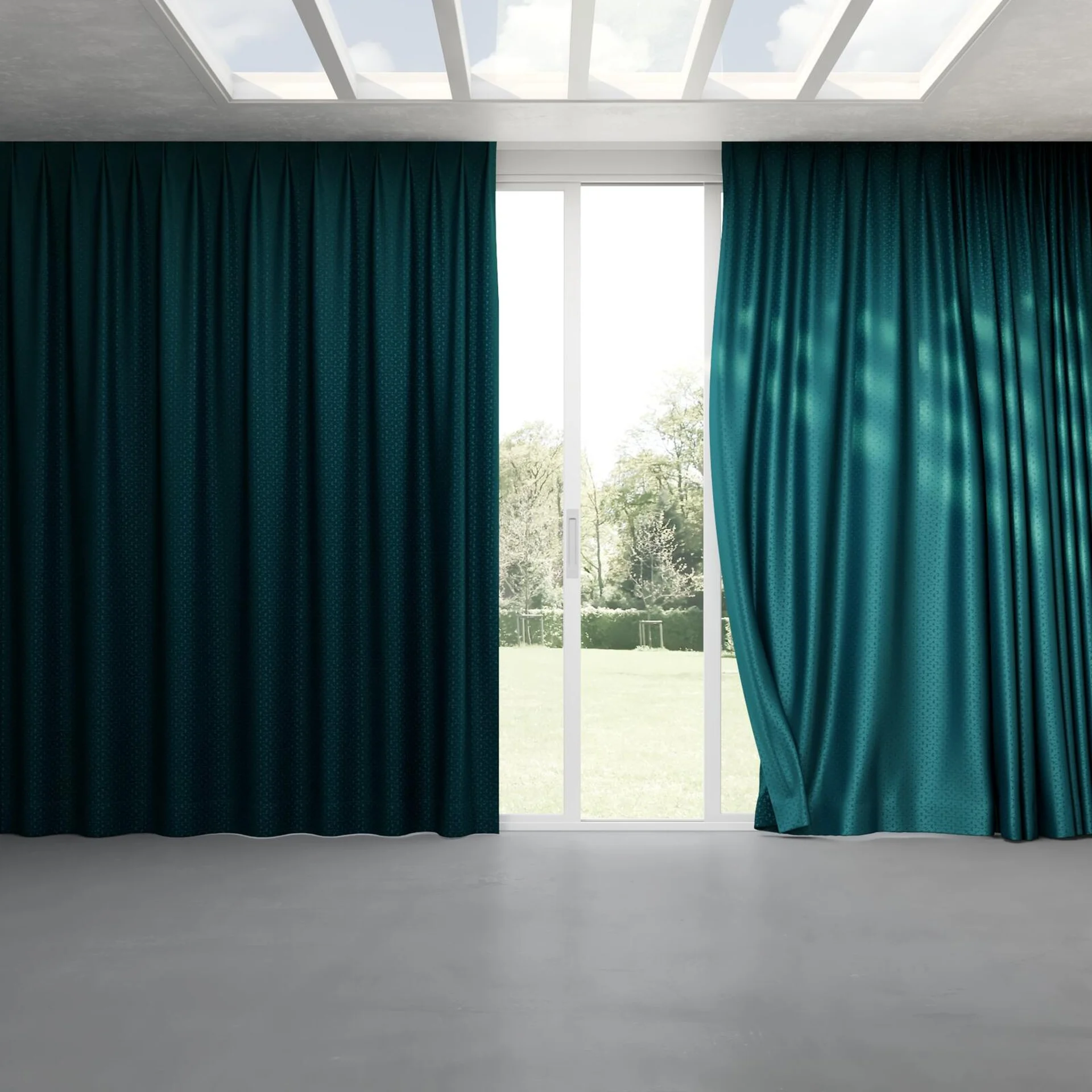 Full view of Requiem Teal, pinch pleat