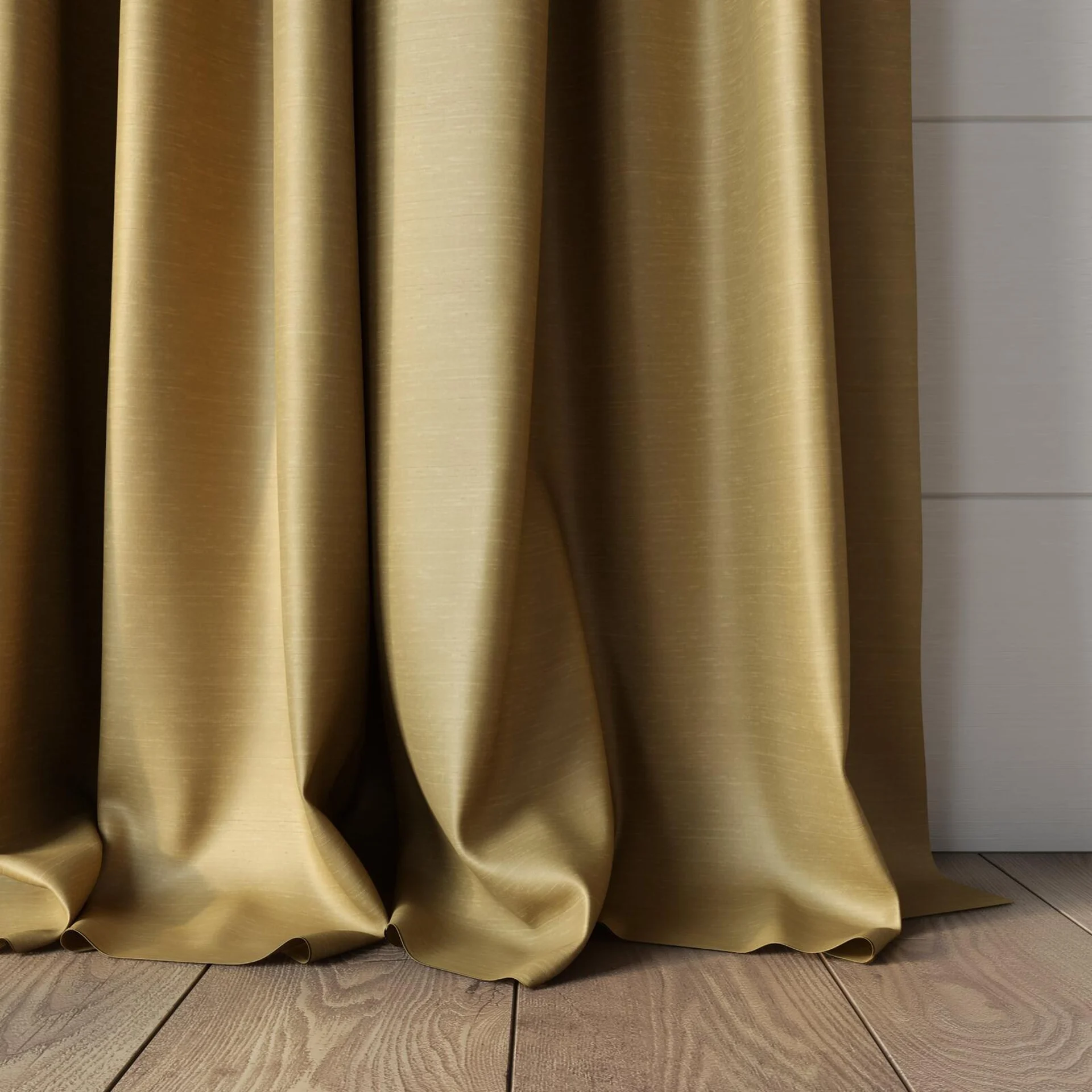 Bottom view of Silky Camel, puddled, on curtain rod