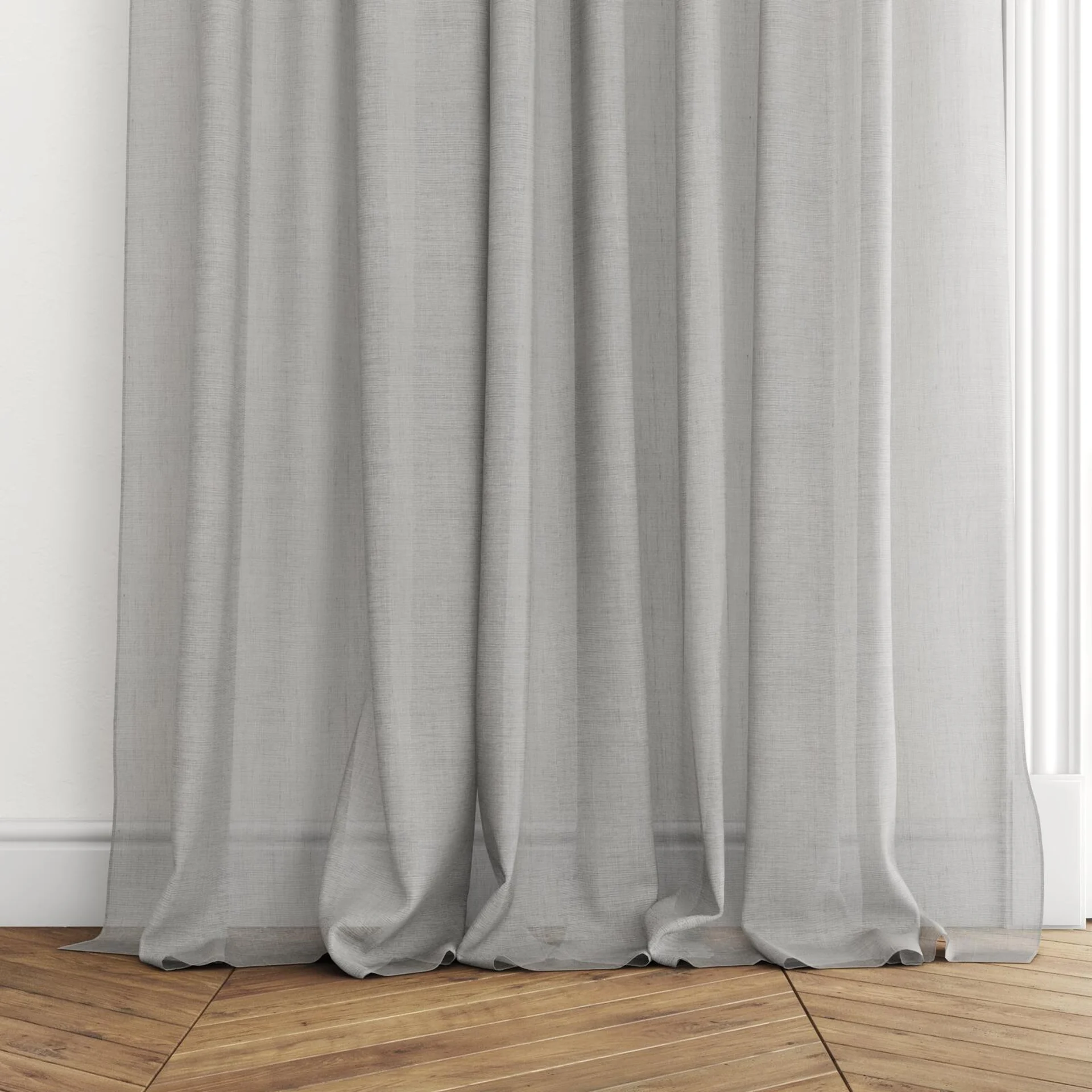 Bottom view of Antipodes Granite, puddled with pinch pleat, on curtain rod